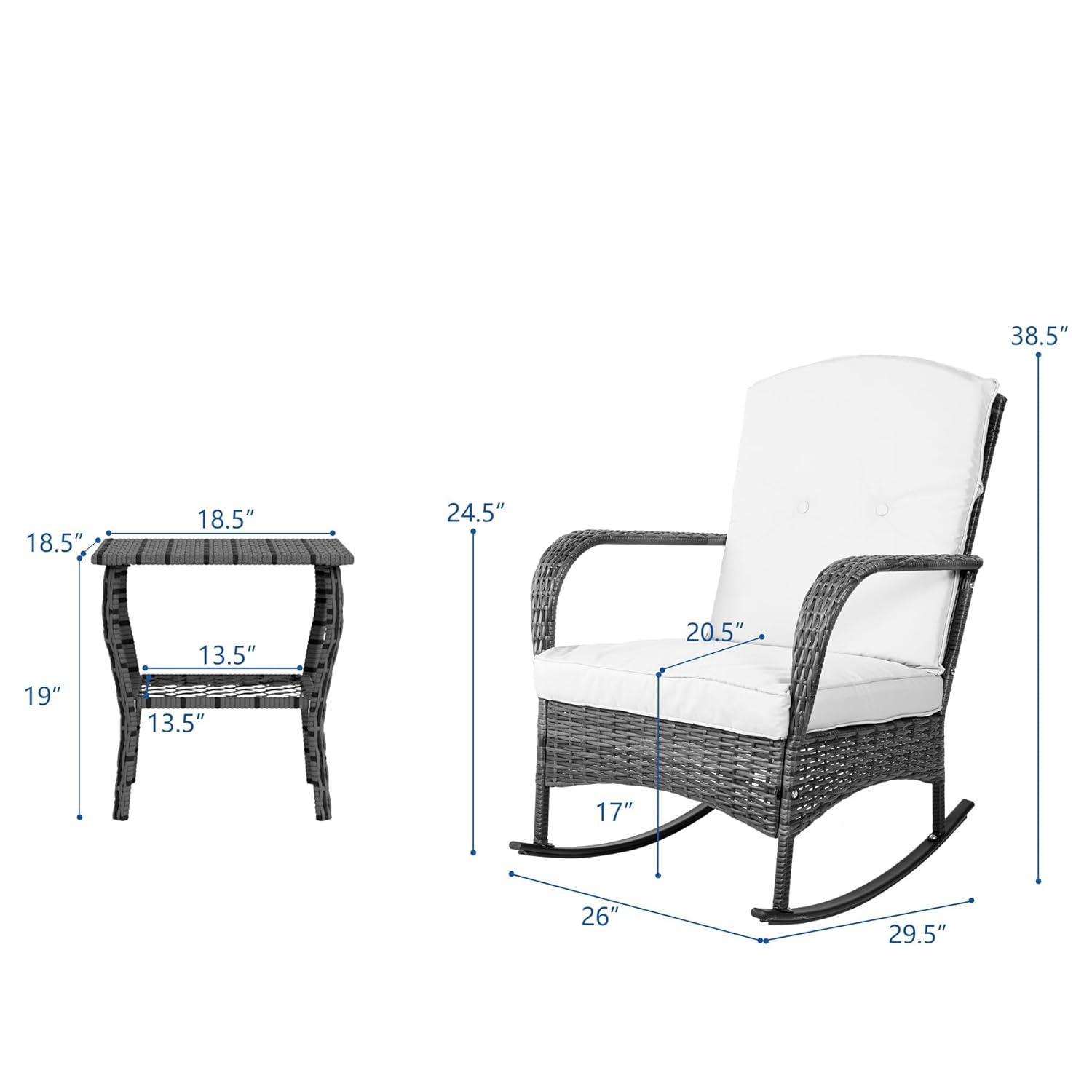 3 Pieces Patio Conversation Set, Outdoor Rocking Chair, Wicker Bistro Set, Outdoor Furniture with Porch Chairs and Coffee Table for Deck Garden Poolside, Beige