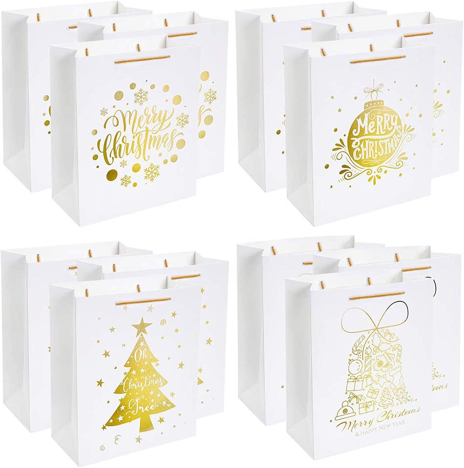 Large White and Gold Foil Christmas Gift Bags, Set of 12