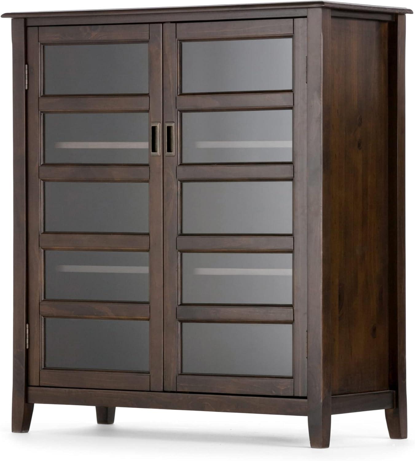 Simpli Home Burlington 40"W Solid Wood 4-Shelf Medium Storage Cabinet with Tempered Glass Doors and Adjustable Shelves