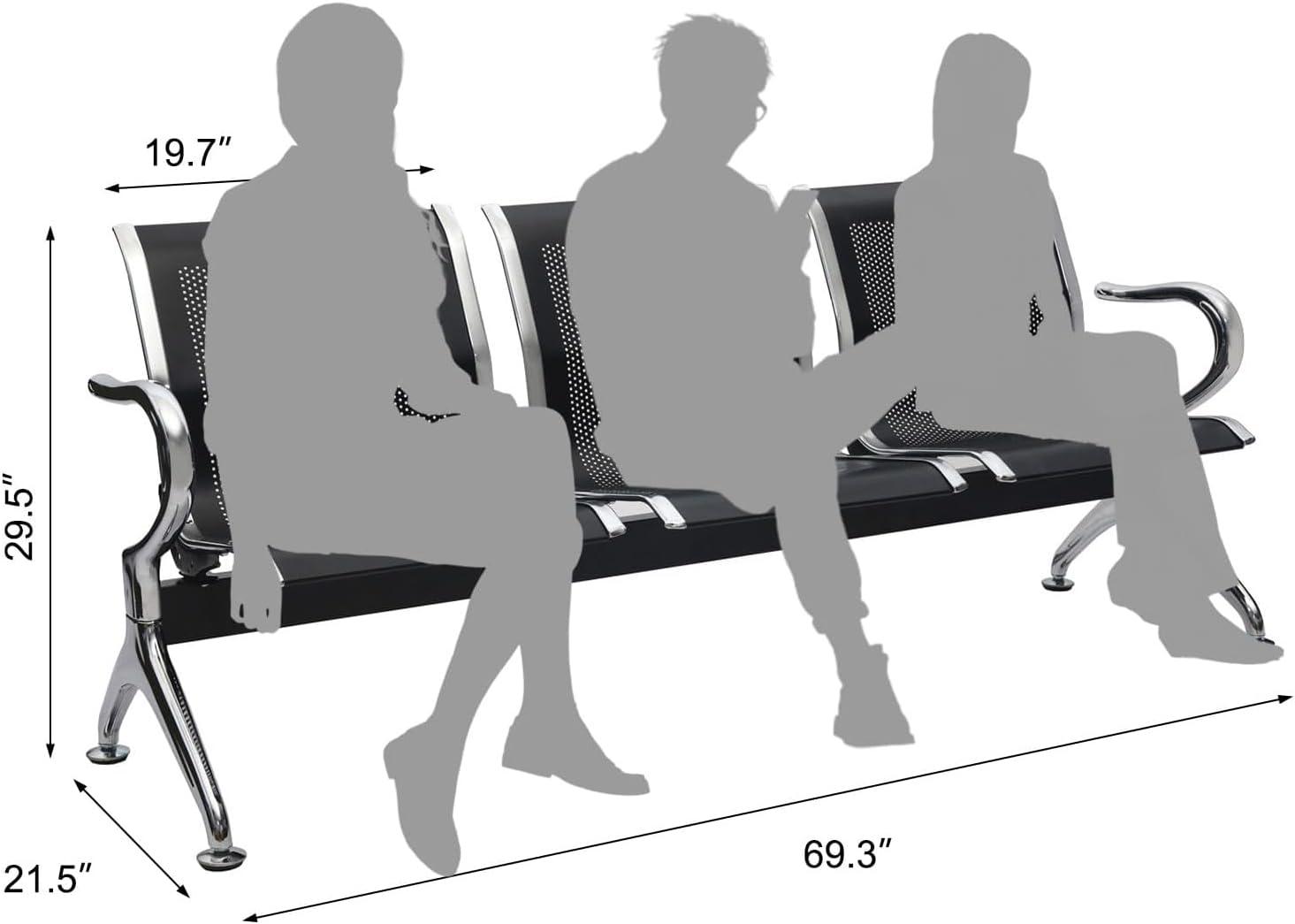 Kinbor Waiting Room Chairs, 3-Seat Reception Chairs Office Guest Waiting Furniture Bench Seating for Airport Bank Hospital, Black