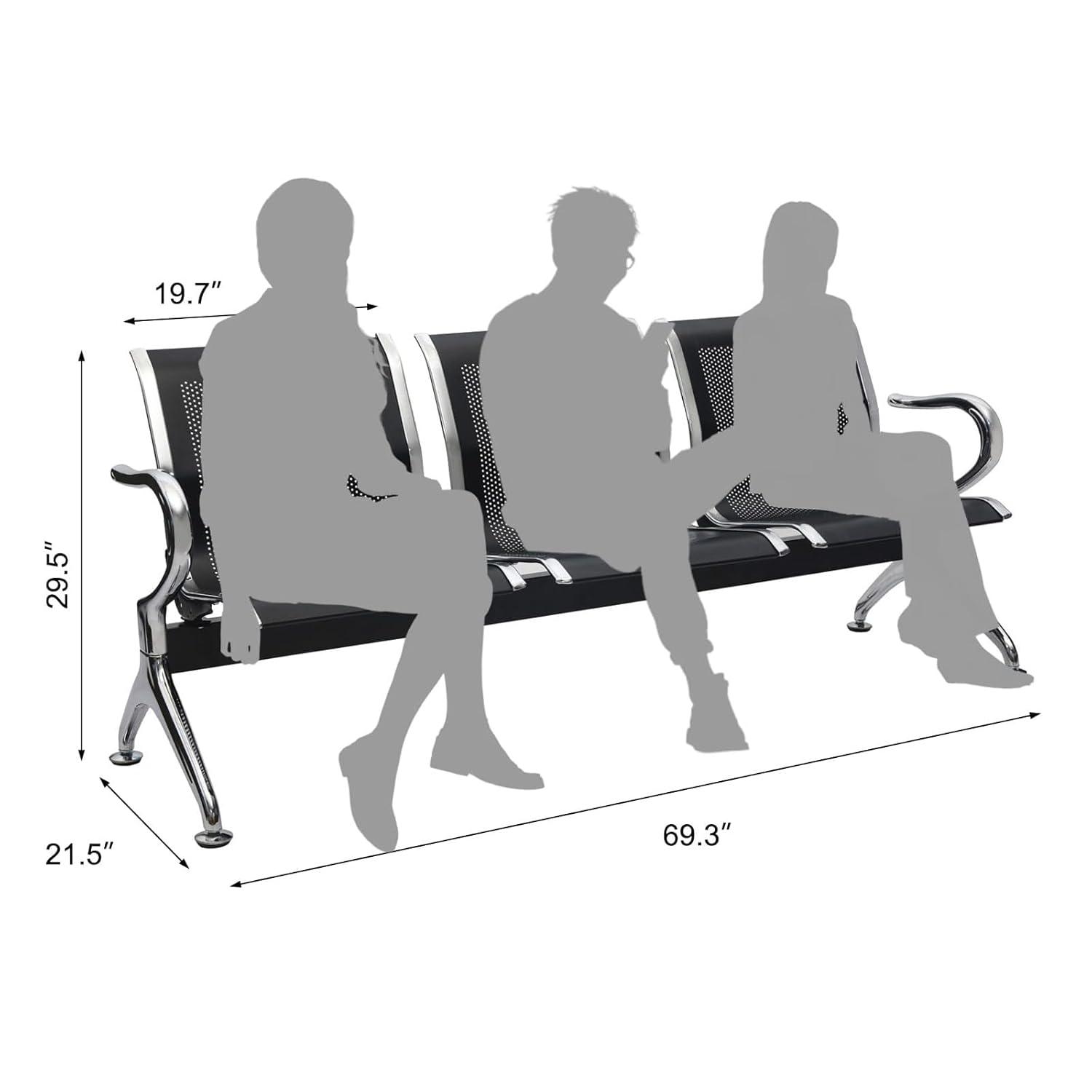 Kinbor Waiting Room Chairs, 3-Seat Reception Chairs Office Guest Waiting Furniture Bench Seating for Airport Bank Hospital, Black