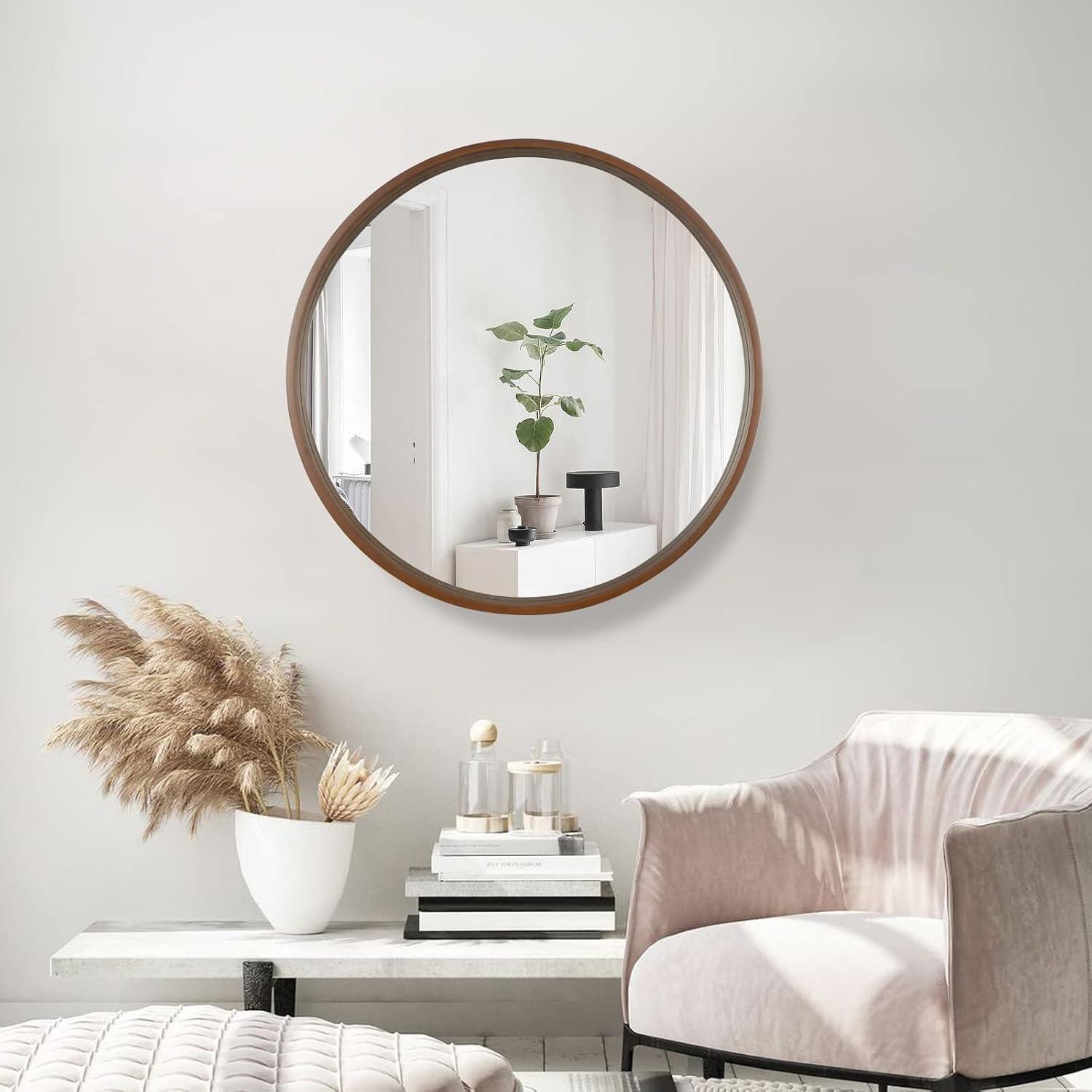 Magnifique Round Mirror for Bathroom with Wood Frame 28", Walnut