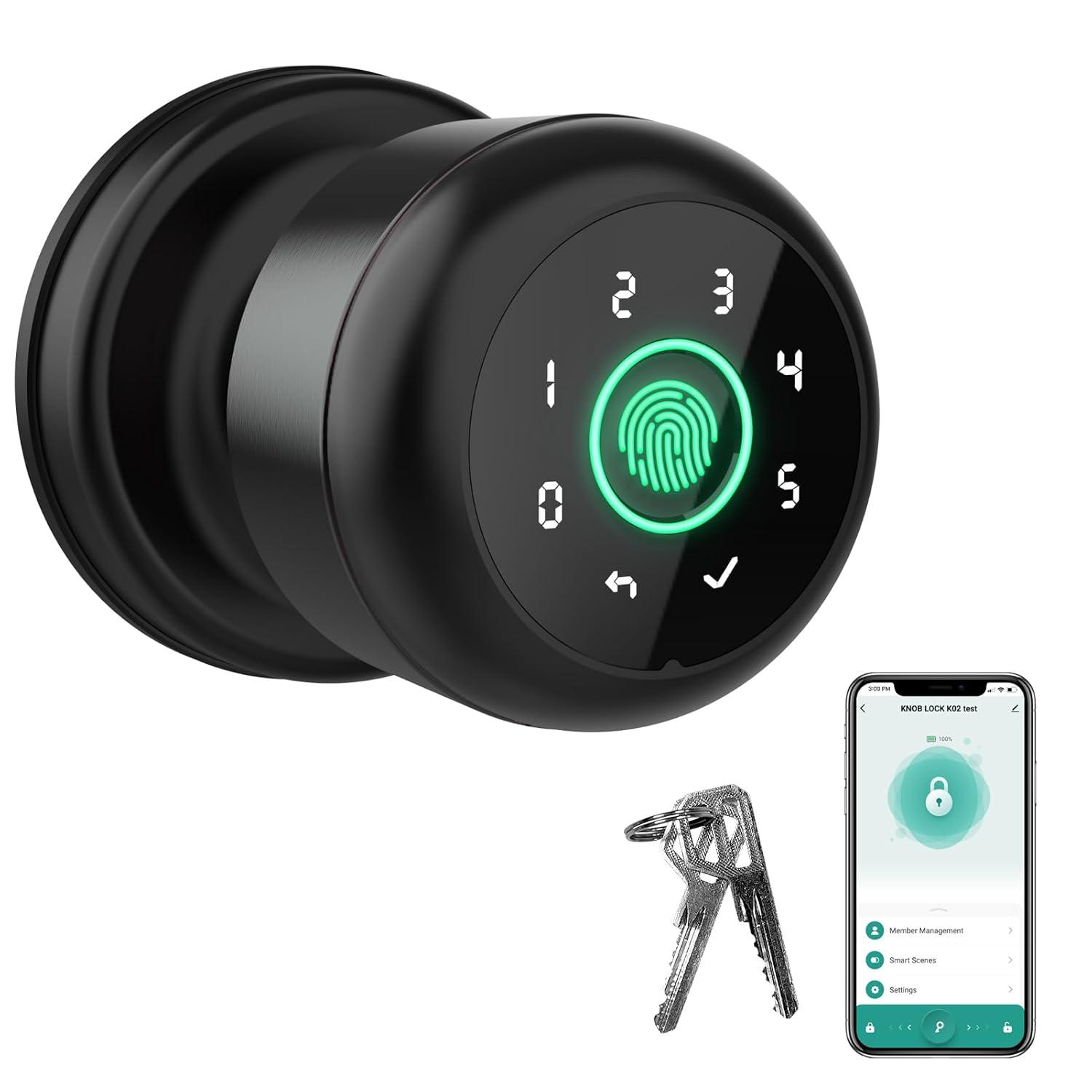 GHome 4 in 1 Smart Fingerprint Door Knob with Keypad Door Lock, Biometric Smart Door Knobs & App Control, Keyless Entry Door Lock Great for Home, Bedroom, Apartment Offices, Garages