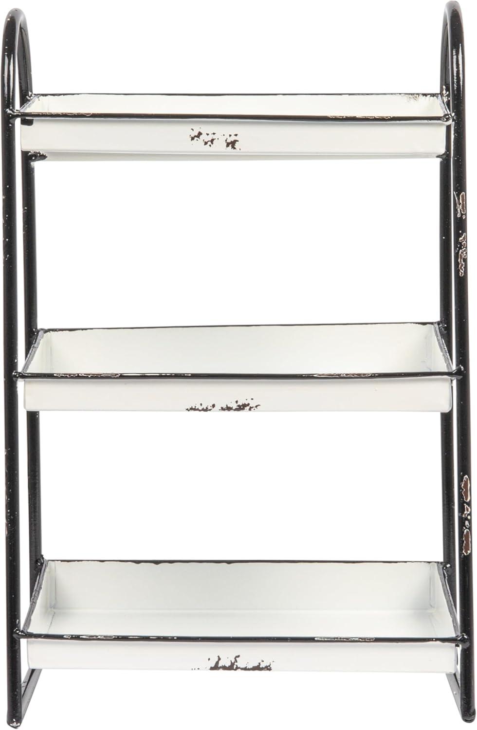 Storied Home 3-Tier Metal Tray with Black Frame and Rim Heavily Distressed White: Fixed Shelves, No Assembly Required