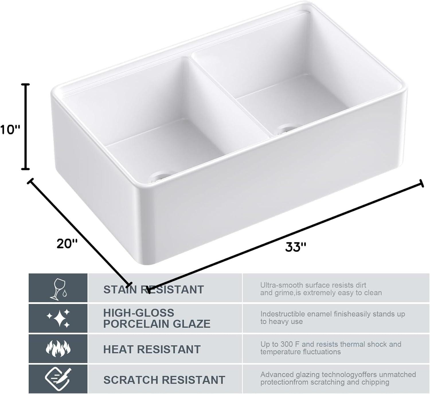 33" White Ceramic Double Bowl Farmhouse Kitchen Sink with Accessories