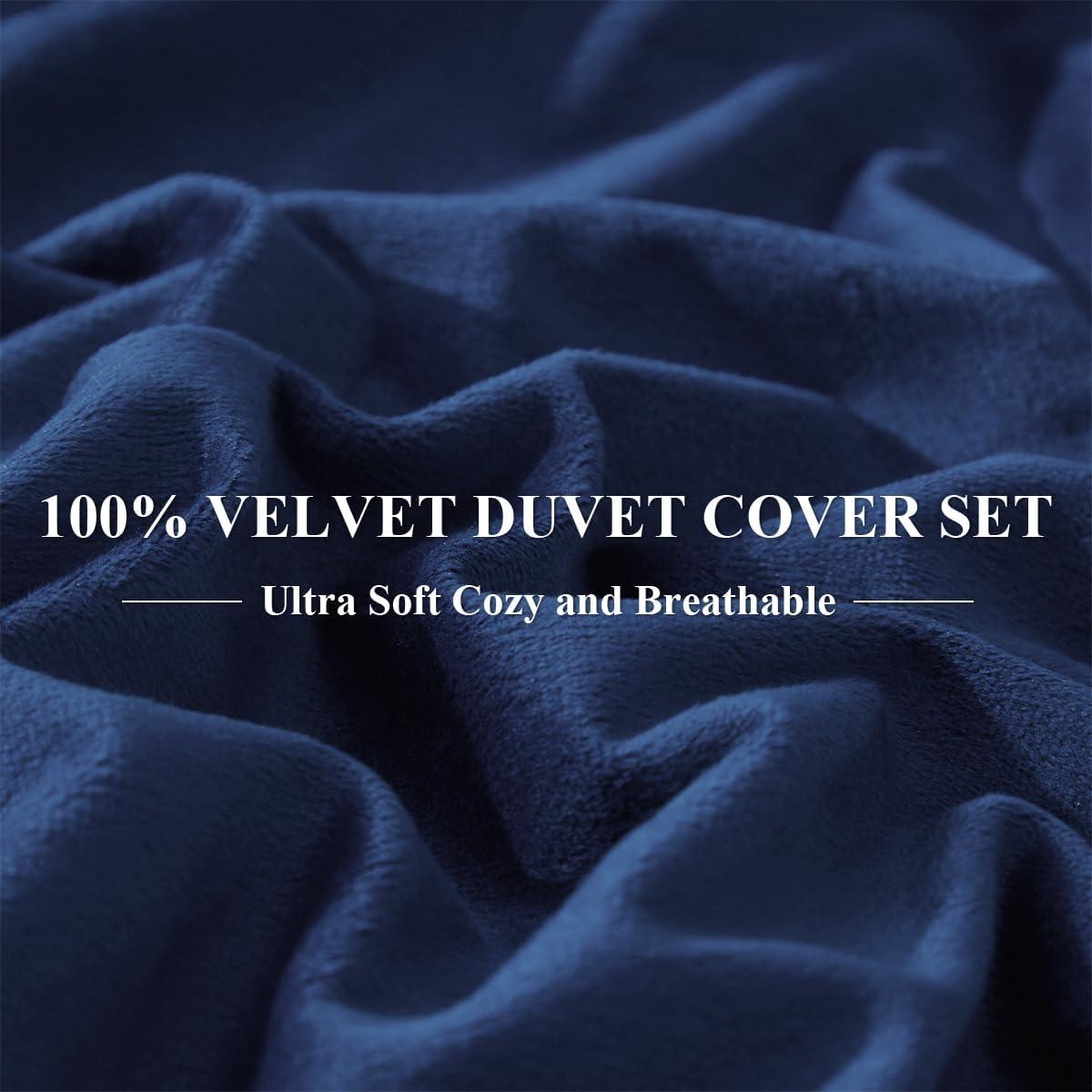 Ivellow Velvet Duvet Cover Queen Size 3 Pcs Flannel Navy Blue Duvet Cover Queen Velvet Comforter Cover Bedding Set Ultra Soft Cozy Solid Luxury Velour Duvet Cover Set Zipper Closure Corner Ties