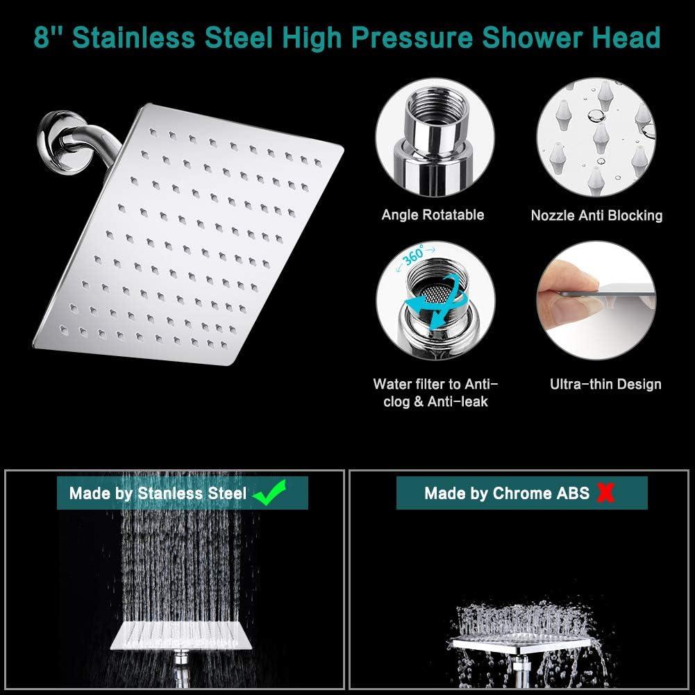 Mibote Shower Head, 8 Inch High Pressure Rainfall Shower Head/Handheld Shower Combo with 11 Inch Extension Arm, 9 Settings Adjustable Anti-leak Shower Head with Holder/Hose, Height/Angle Adjustable