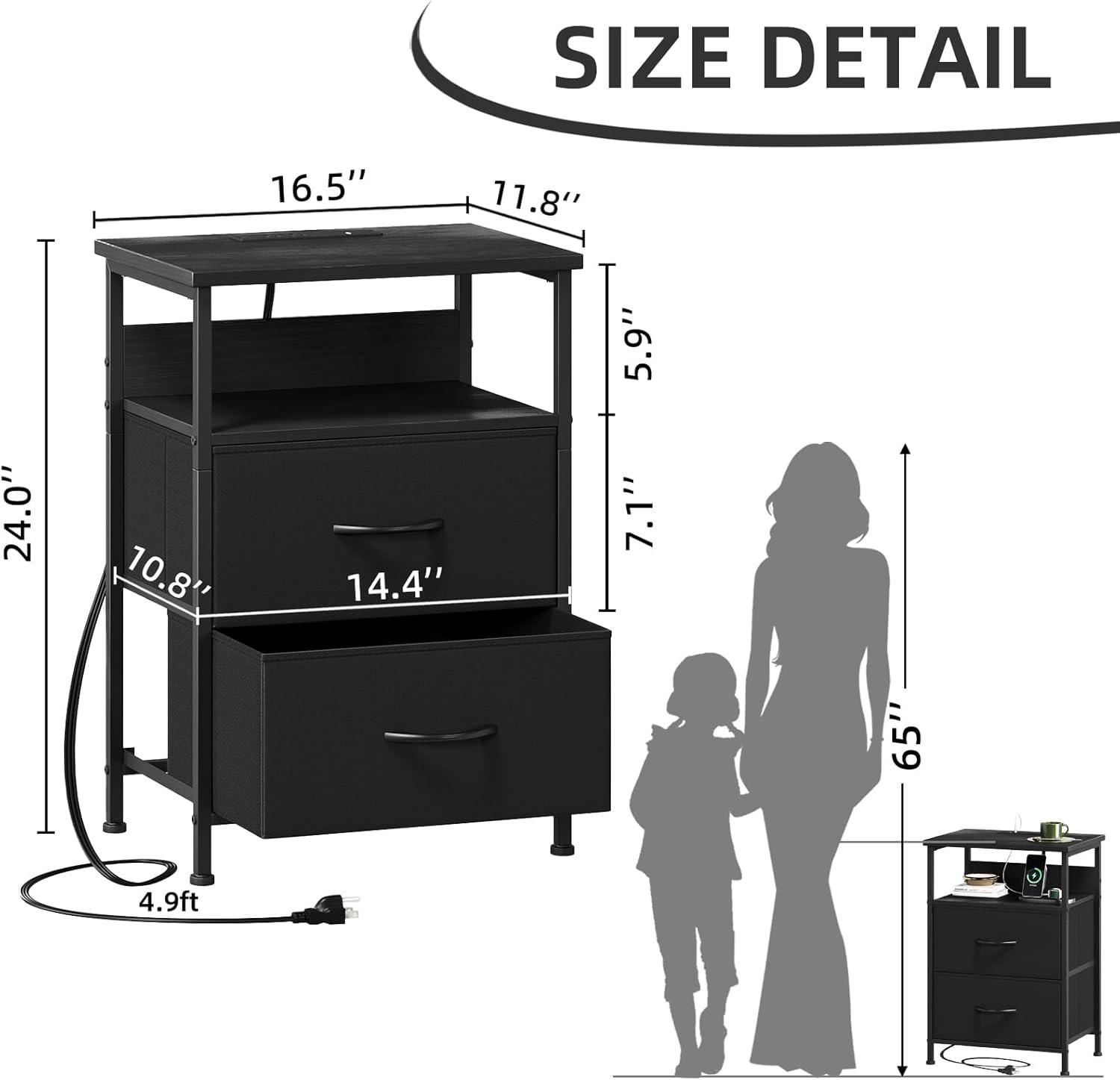 Eunos Black Dresser for Bedroom, 4 Drawer Nightstand with Charging Station, LED and Open Shelf