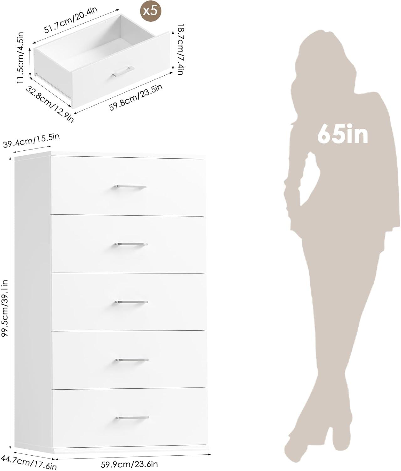 TTVIEW White Dresser, Chest of Drawers with Mental Handles, Tall White Dresser with 5 Drawers, Tall Dressers for Living Room, Kitchen, Entryway