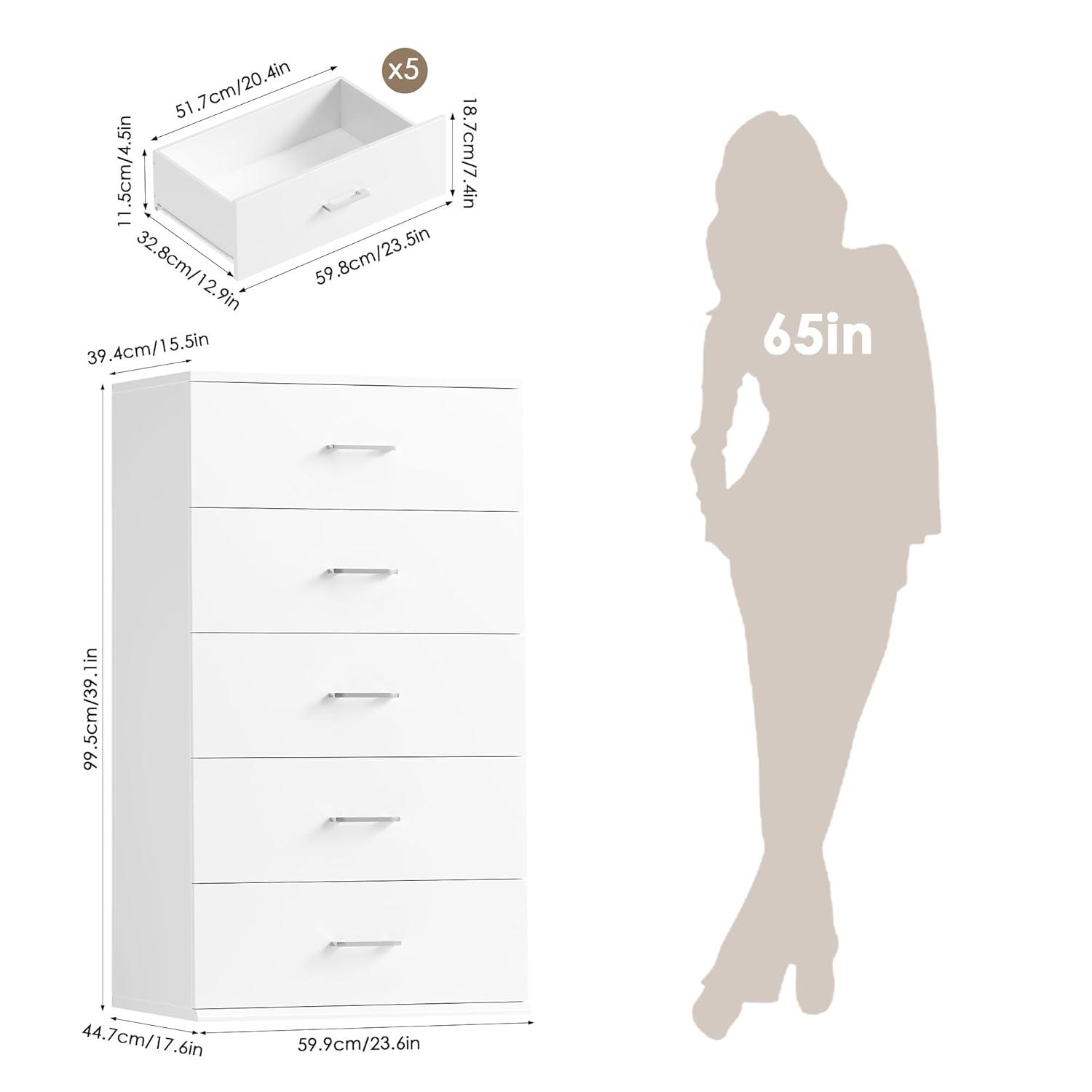 TTVIEW White Dresser, Chest of Drawers with Mental Handles, Tall White Dresser with 5 Drawers, Tall Dressers for Living Room, Kitchen, Entryway