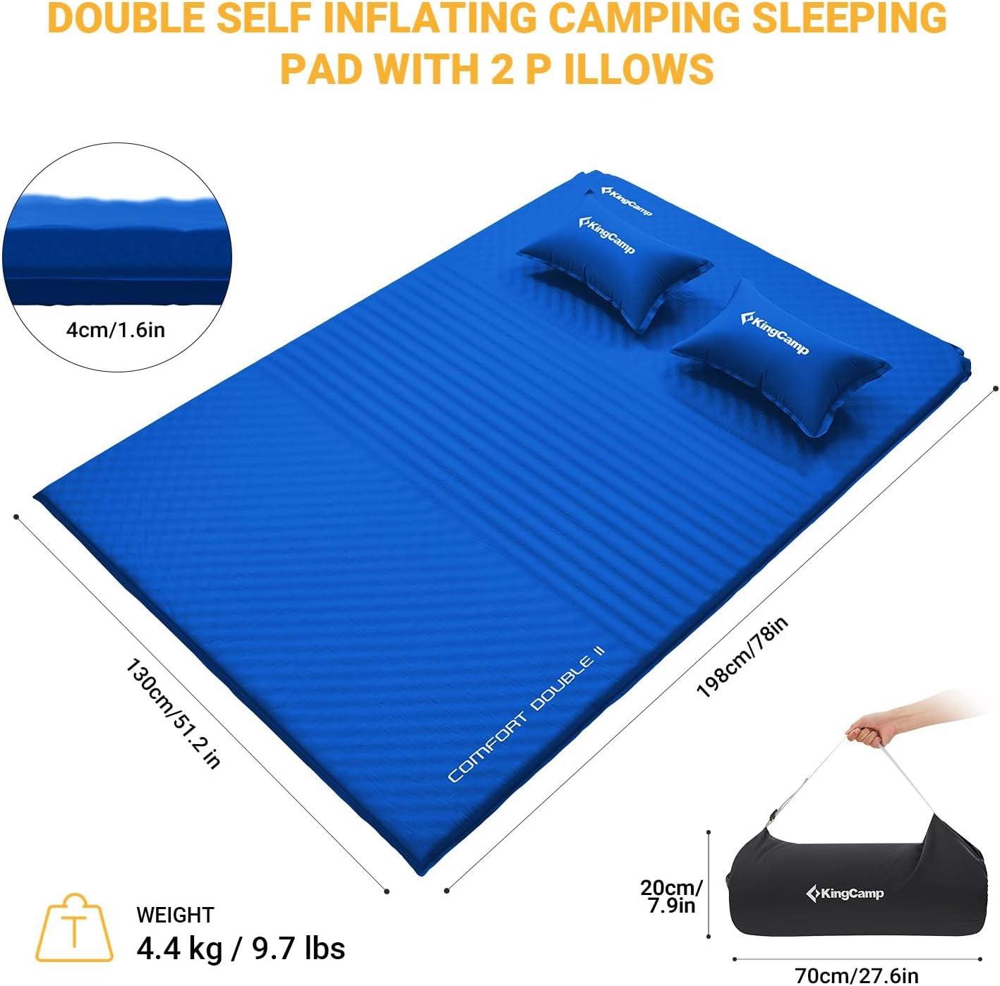 KingCamp Double Self Inflating Camping Sleeping Pad Mat with 2 Pillows