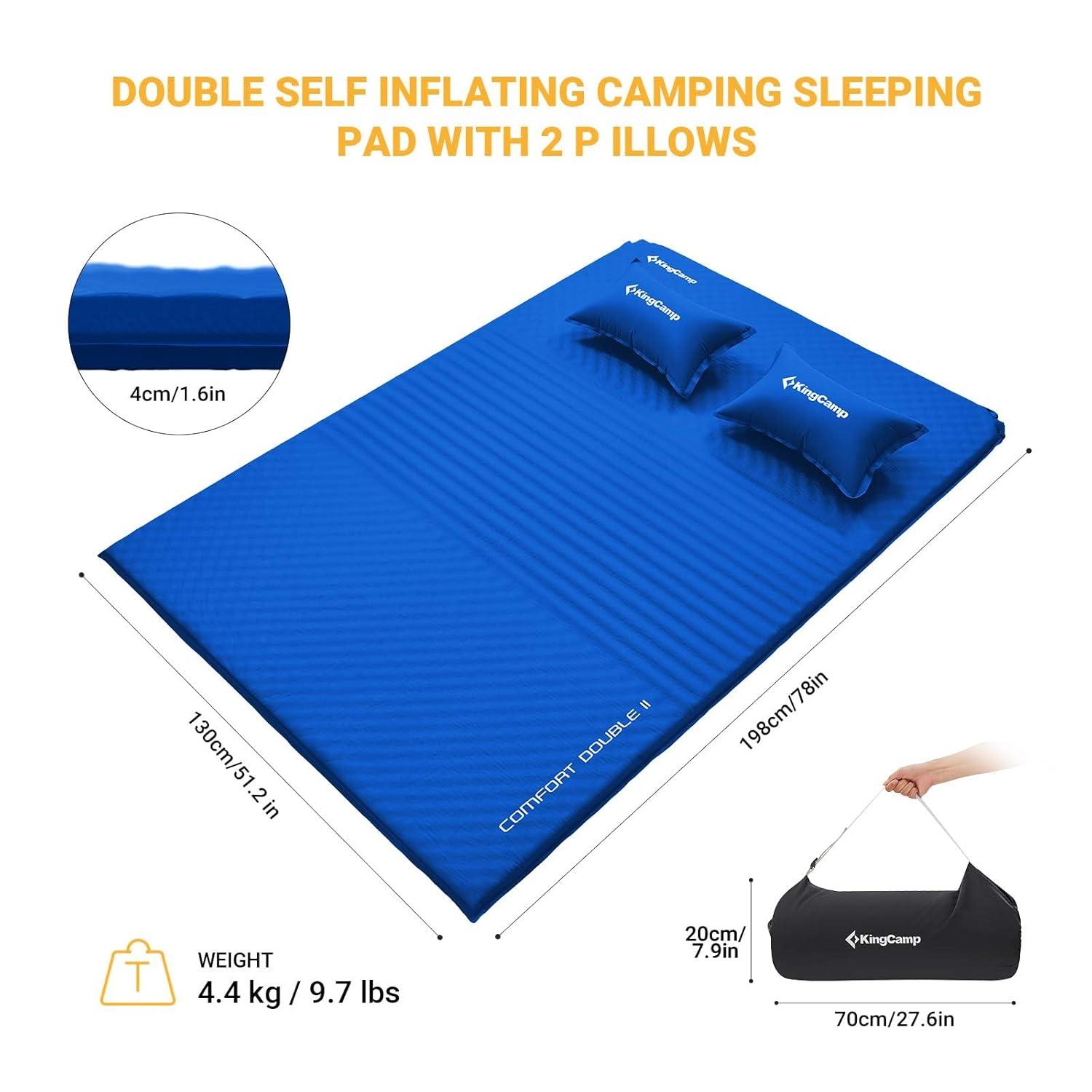 KingCamp Double Self Inflating Compact Folding Ultralight Outdoor Camping Sleeping Mattress Pad with 2 Pillows and Carry Bag, Blue