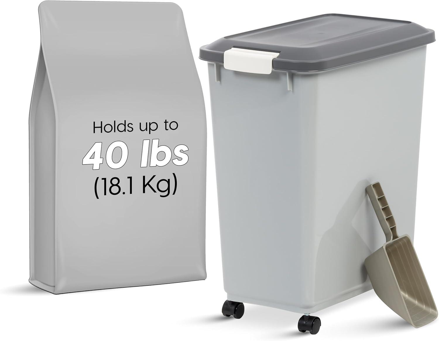 IRIS USA 40lbs Dog Food Storage Container with Wheels, 2-Cup Scoop, Gray/Dark Gray