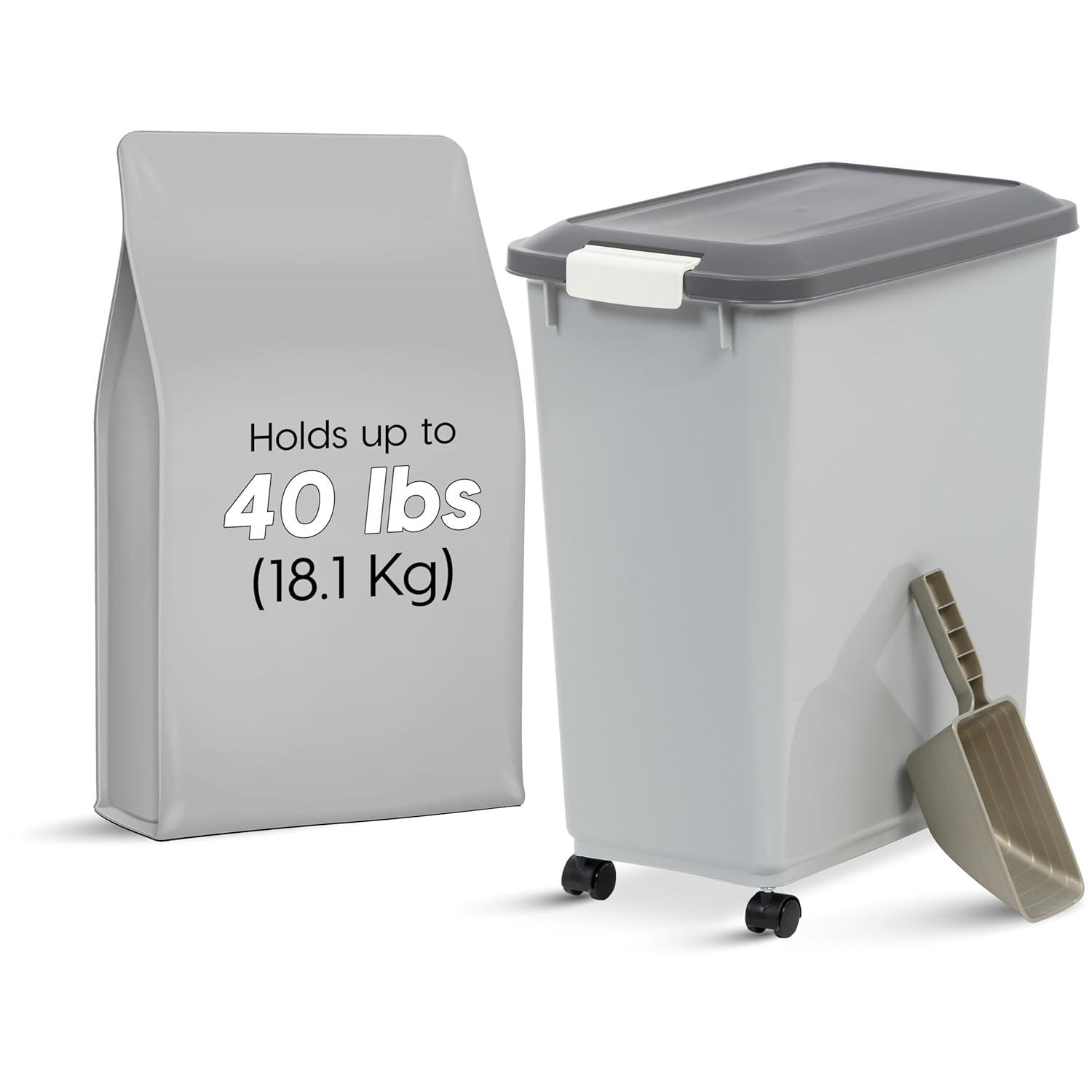 IRIS USA 40lbs Dog Food Storage Container with Wheels, 2-Cup Scoop, Gray/Dark Gray