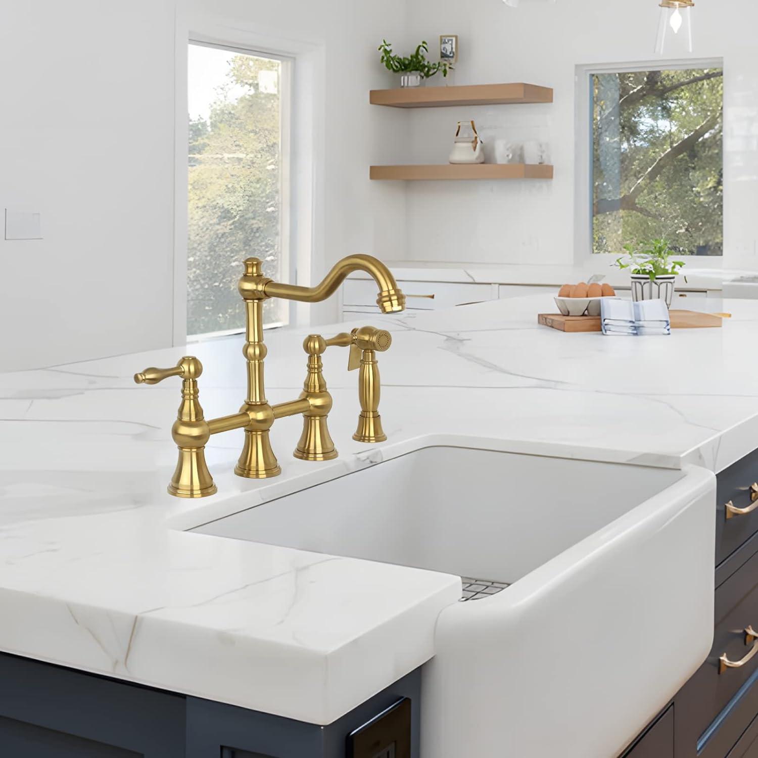 Brass Heritage Bridge Kitchen Faucet with Side Spray 2 Handles