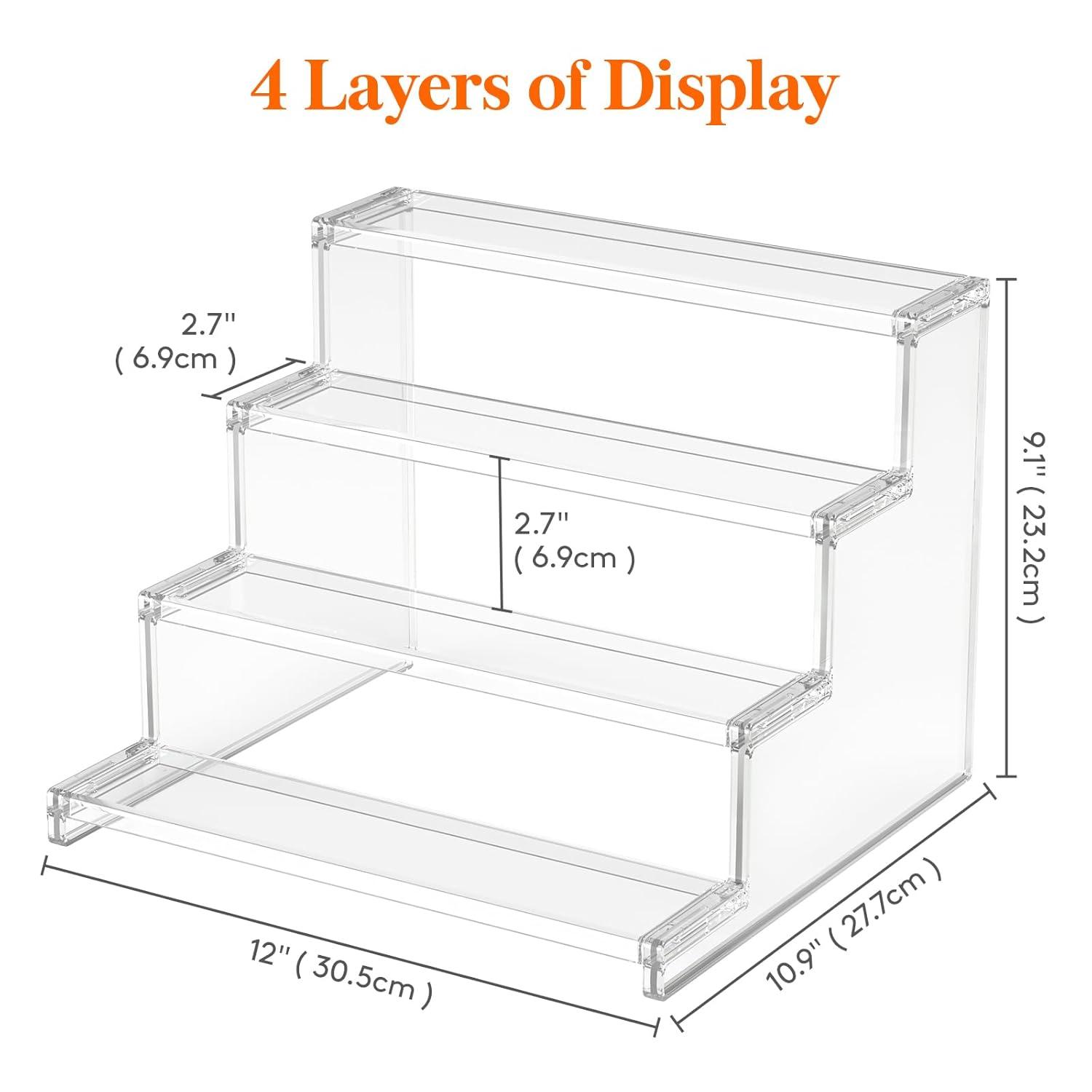 Lifewit 4 Tier Clear Display Risers Stand With Decorative Fences, Plastic 12 Inch Perfume Organizer, Display For Figures, Cupcake, Dessert, Desktop Stand For Organization And Decor, 1 Pack