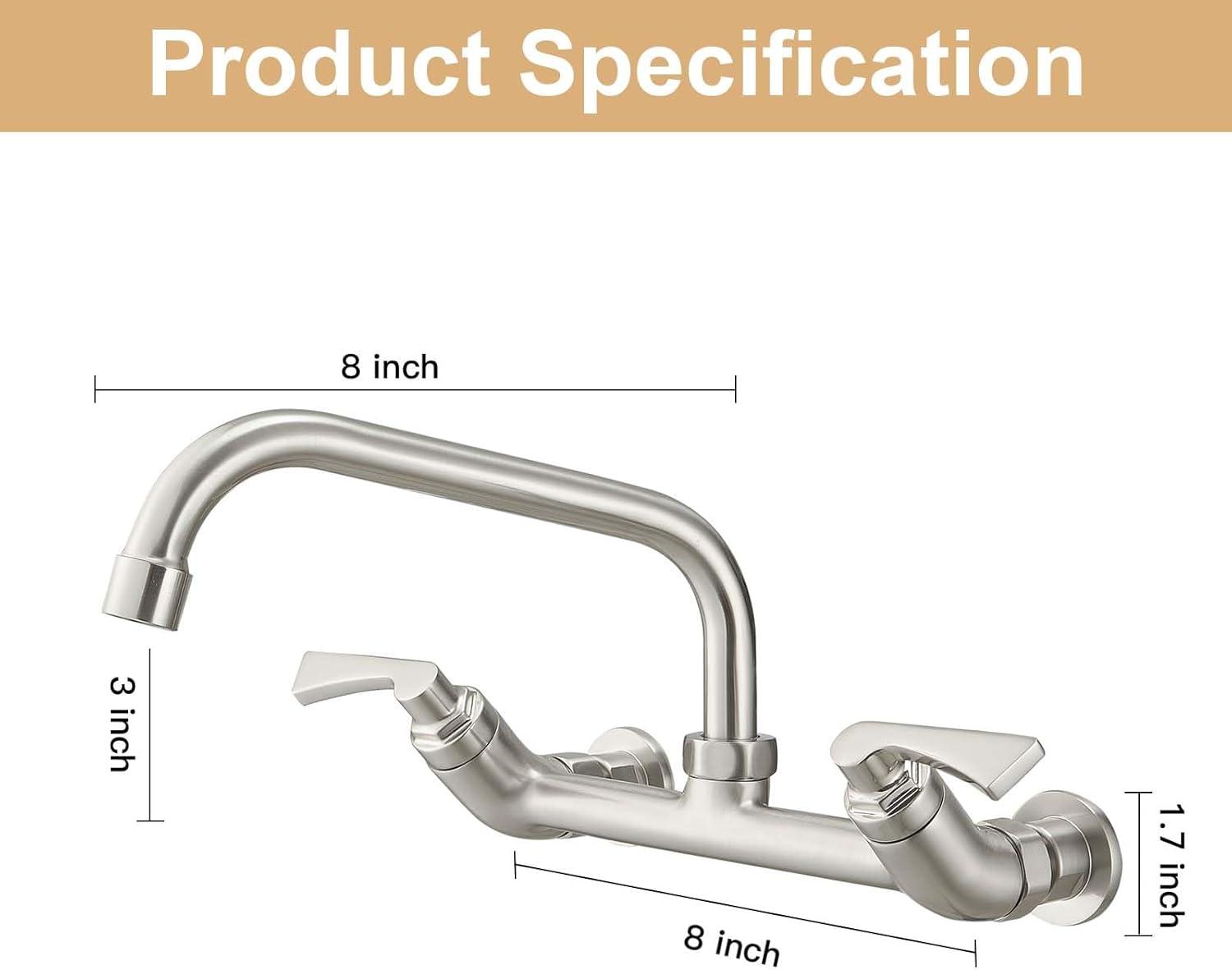 Brushed Nickel Wall Mount Double Handle Kitchen Faucet