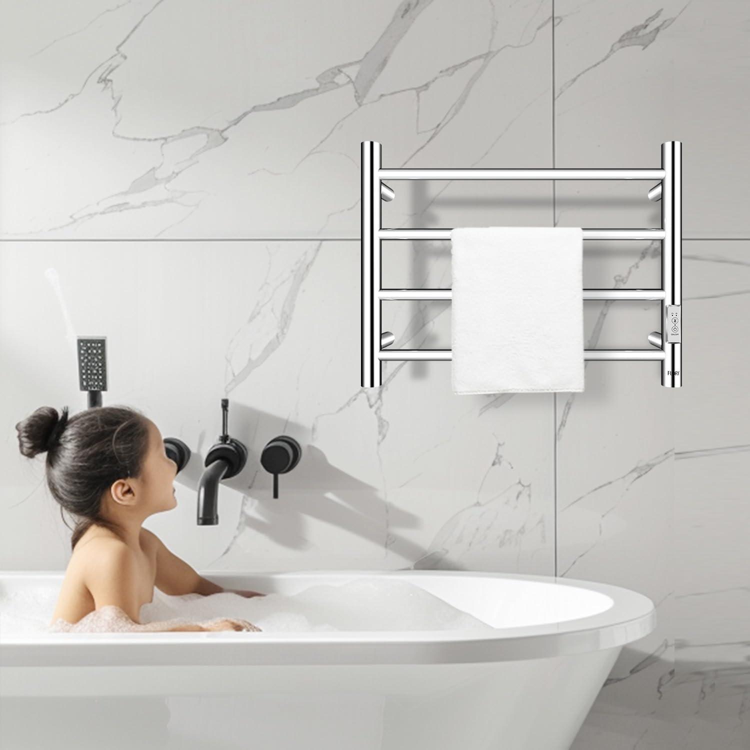 VEVOR 4 Bars Towel Warmer Rack, Wall Mounted Heated Towel Rack for Bathroom, IPX5 Waterpoof Towel Heater Rack with Timer & LED Display Screen, 5 Levels Adjustable Temperature Towel Heater, Silver