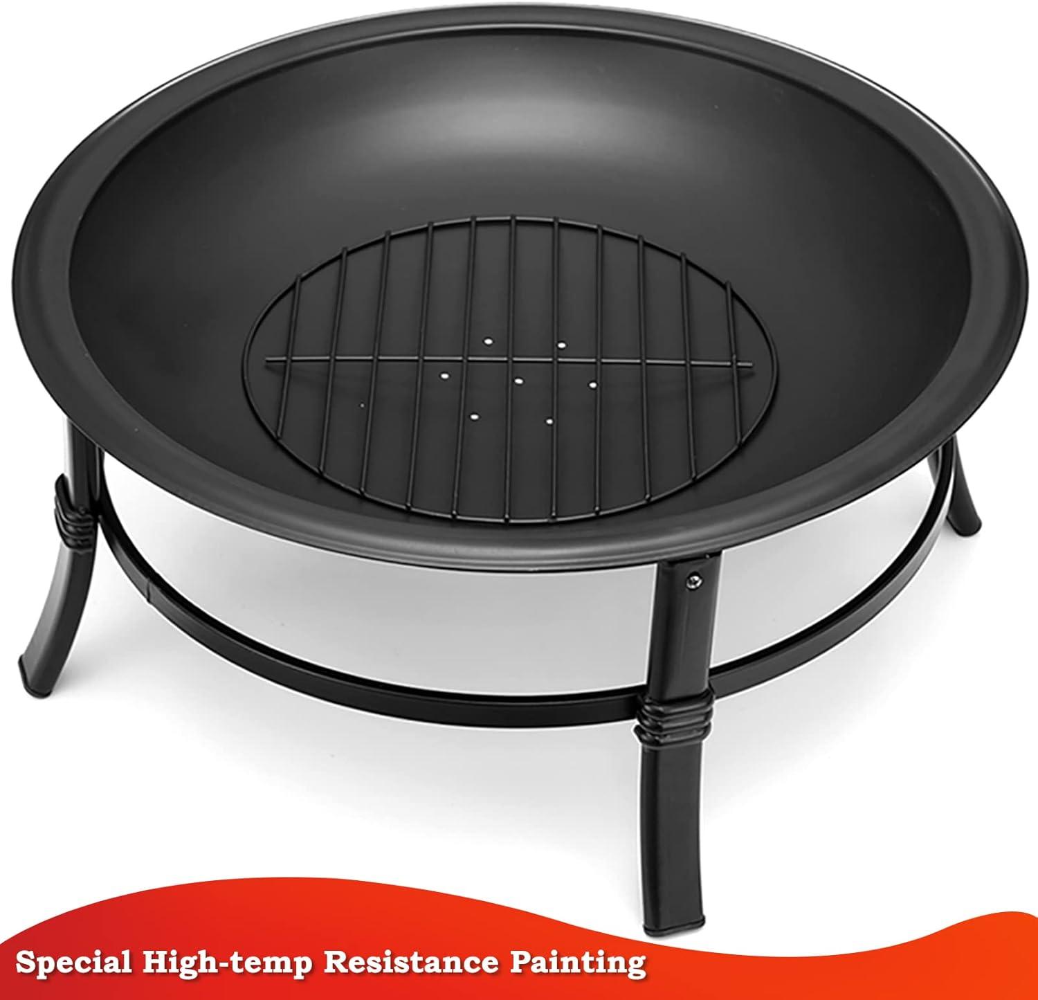 KingSo 26 inch Fire Pit for Outdoor Round Wood Burning Fire Pit Bowl for Camping Picnic Bonfire Patio Outside Backyard Garden Small Bonfire Pit Steel Firepit Bowl with Mesh Screen and Fire Poker