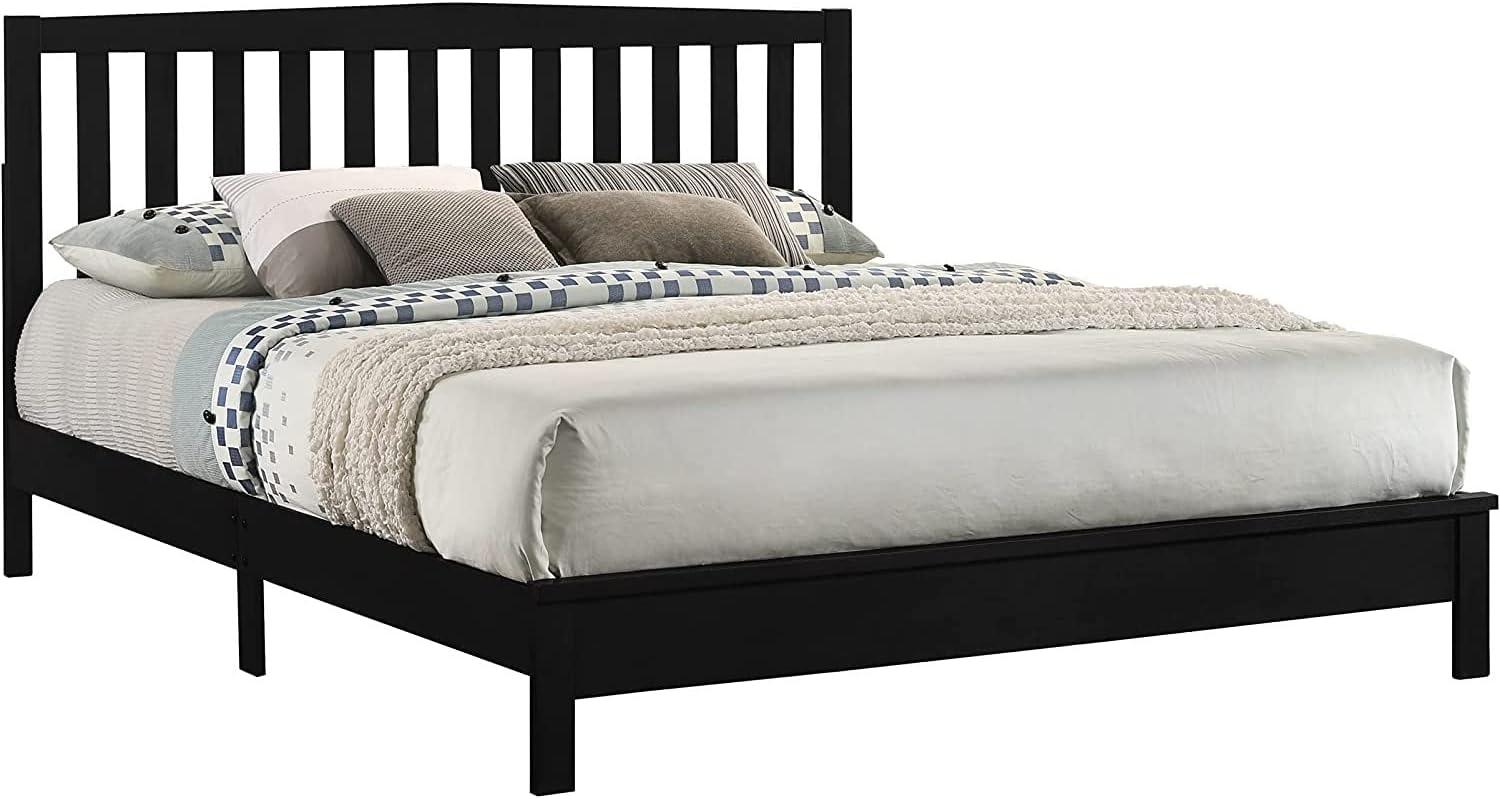 Traditional Rubberwood Queen Platform Bed with Wood Headboard, Black