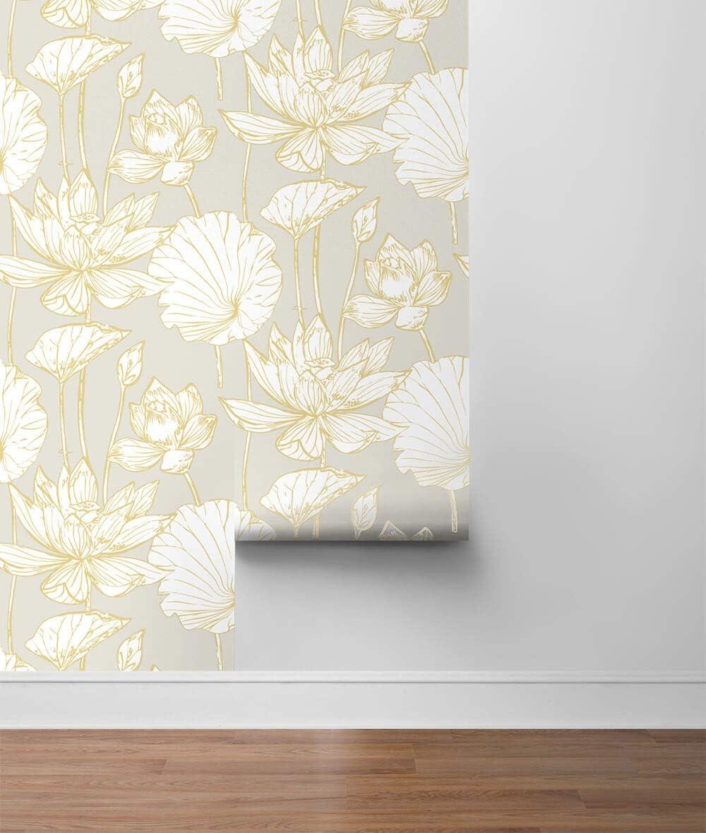 NextWall Lotus Floral Peel and Stick Wallpaper Light Gray: Adhesive Vinyl, Botanical Pattern, Contemporary Style, 30.75 Sq Ft Coverage