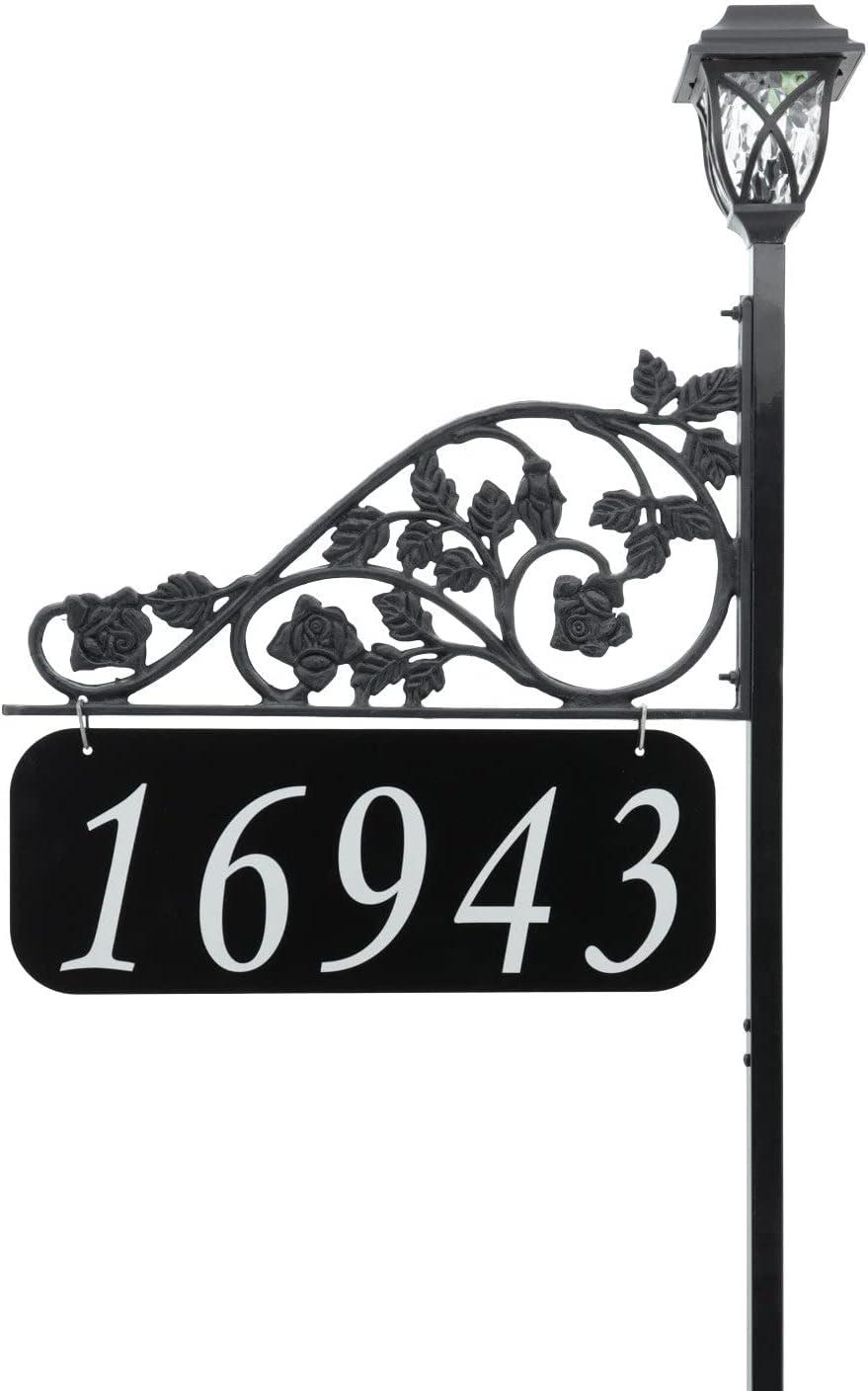 Handcrafted Black Metal Address Sign with Solar Light and 58" Pole