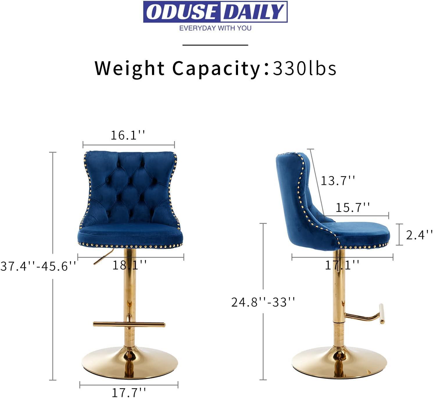 Sesslife Swivel Counter Height Bar Stools Set of 2, Upholstered Velvet Fabric High Bar Chairs with Golden Nail Trim, Adjustable Seat Height, Barstools with Back and Footrest for Kitchen Island, Blue