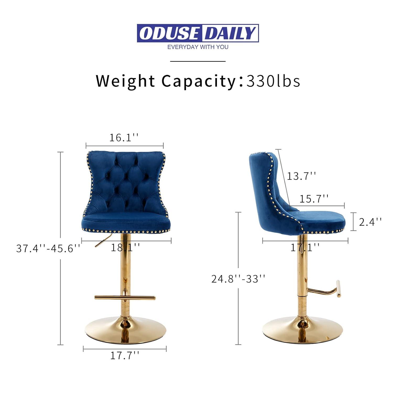 Sesslife Swivel Counter Height Bar Stools Set of 2, Upholstered Velvet Fabric High Bar Chairs with Golden Nail Trim, Adjustable Seat Height, Barstools with Back and Footrest for Kitchen Island, Blue