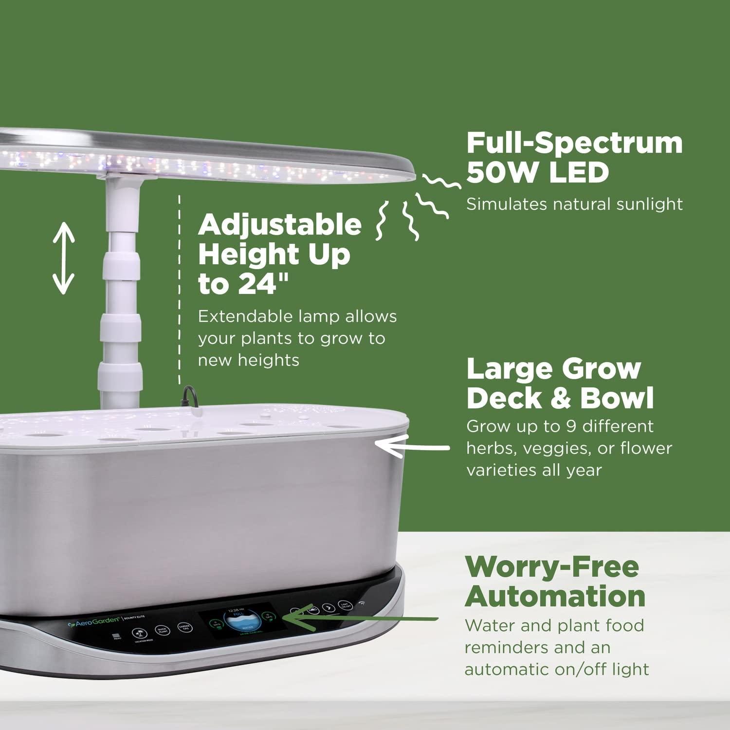 AeroGarden Bounty Elite - Jardín Interior con Luz de Cultivo LED, Acero Inoxidable Platino