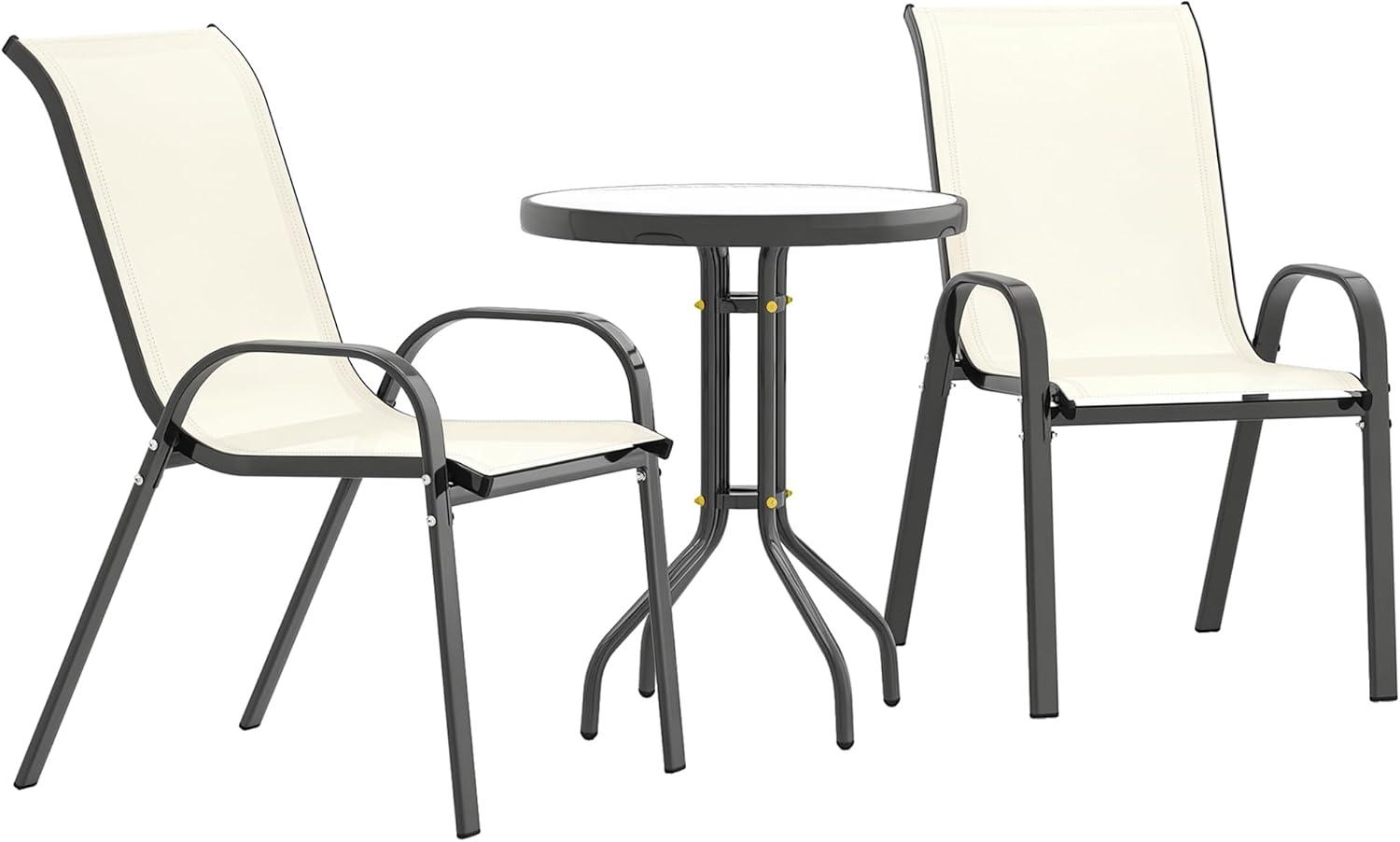 Outsunny 3 Pieces Outdoor Bistro Set, Patio Furniture with Stackable Chairs and Glass Table, High Back Small Patio Set for Balcony, Porch, Beige