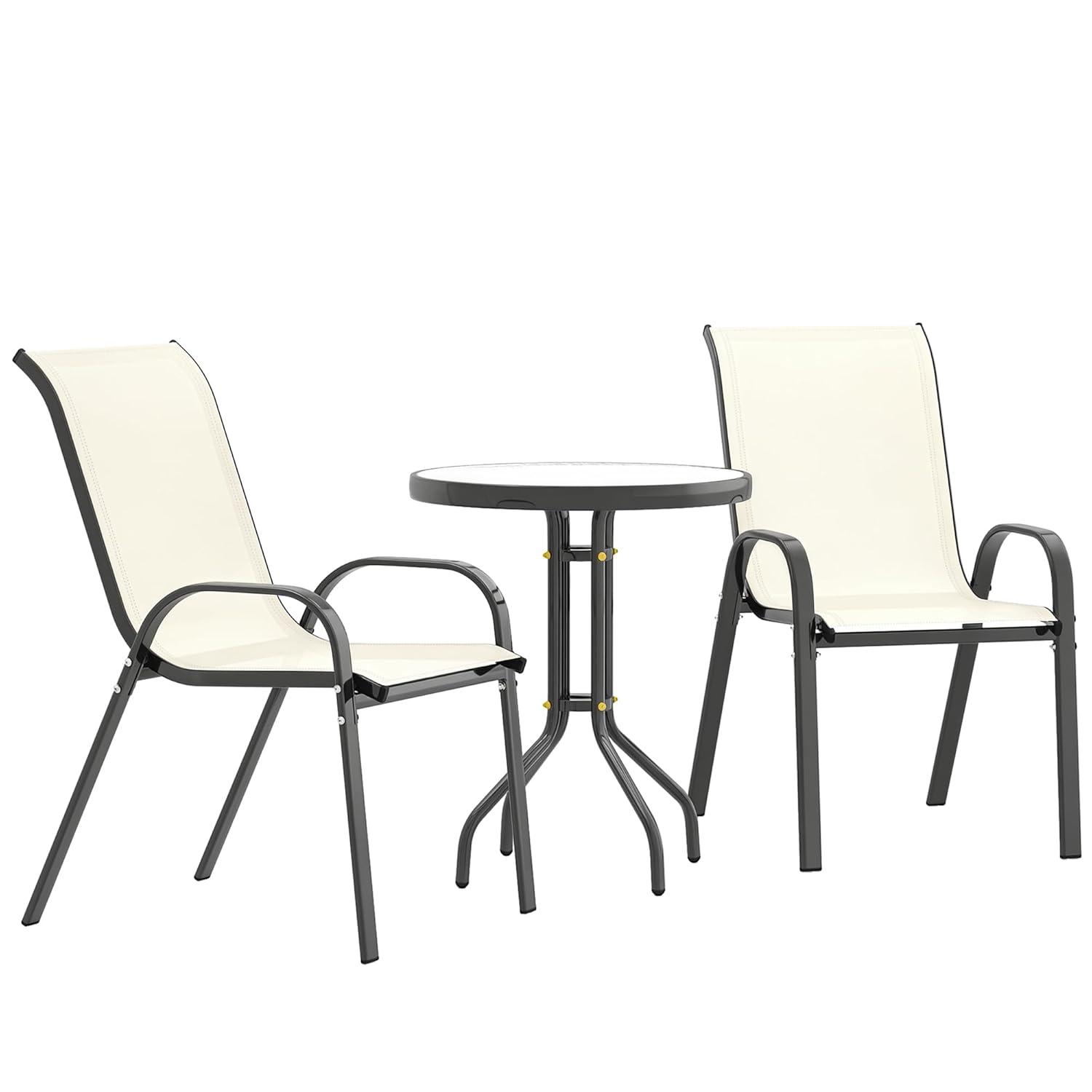 Outsunny 3 Pieces Outdoor Bistro Set, Patio Furniture with Stackable Chairs and Glass Table, High Back Small Patio Set for Balcony, Porch, Beige