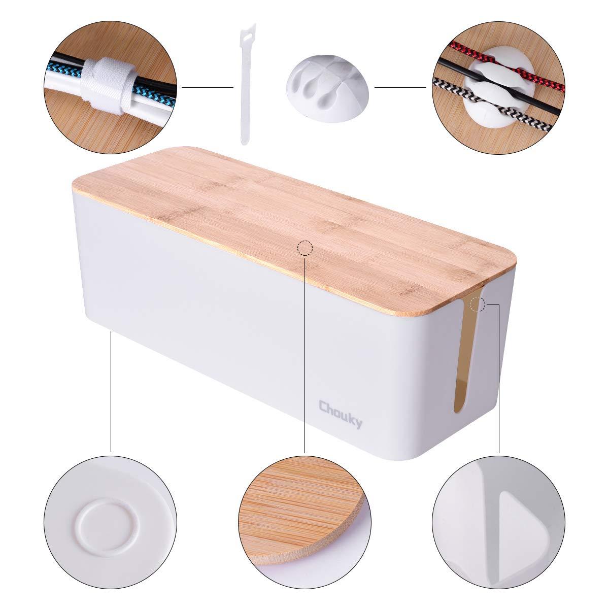 2 Pack Large Cable Management Box – Wooden Style Cord Organizer and Cover for TV Wires, Computer, Router, USB Hub and Under Desk Power Strip – Safe ABS Material and Baby-Pets Proof Lock (White)