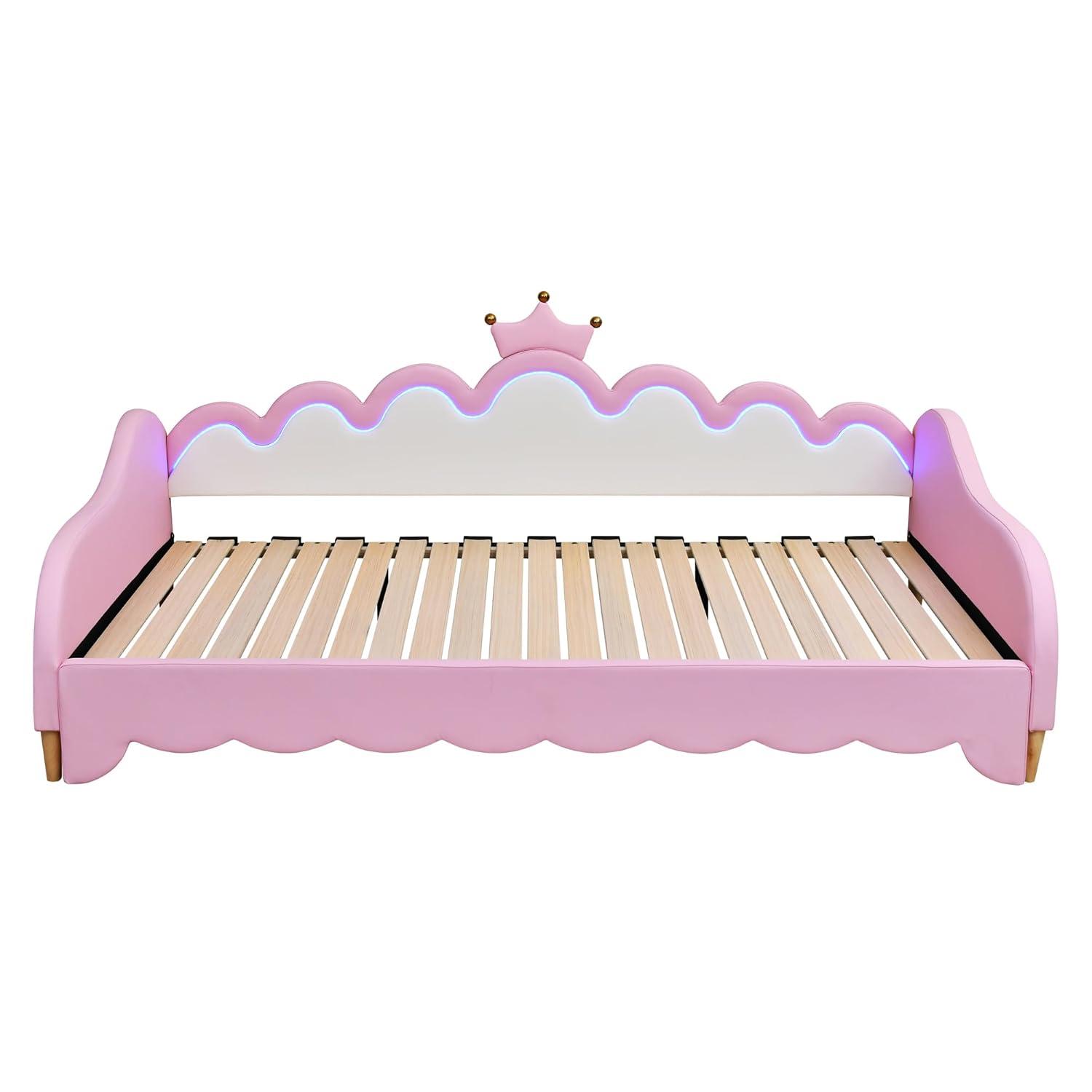 Twin Extending Daybed with LED Lights, Modern Upholstered Princess Daybed
