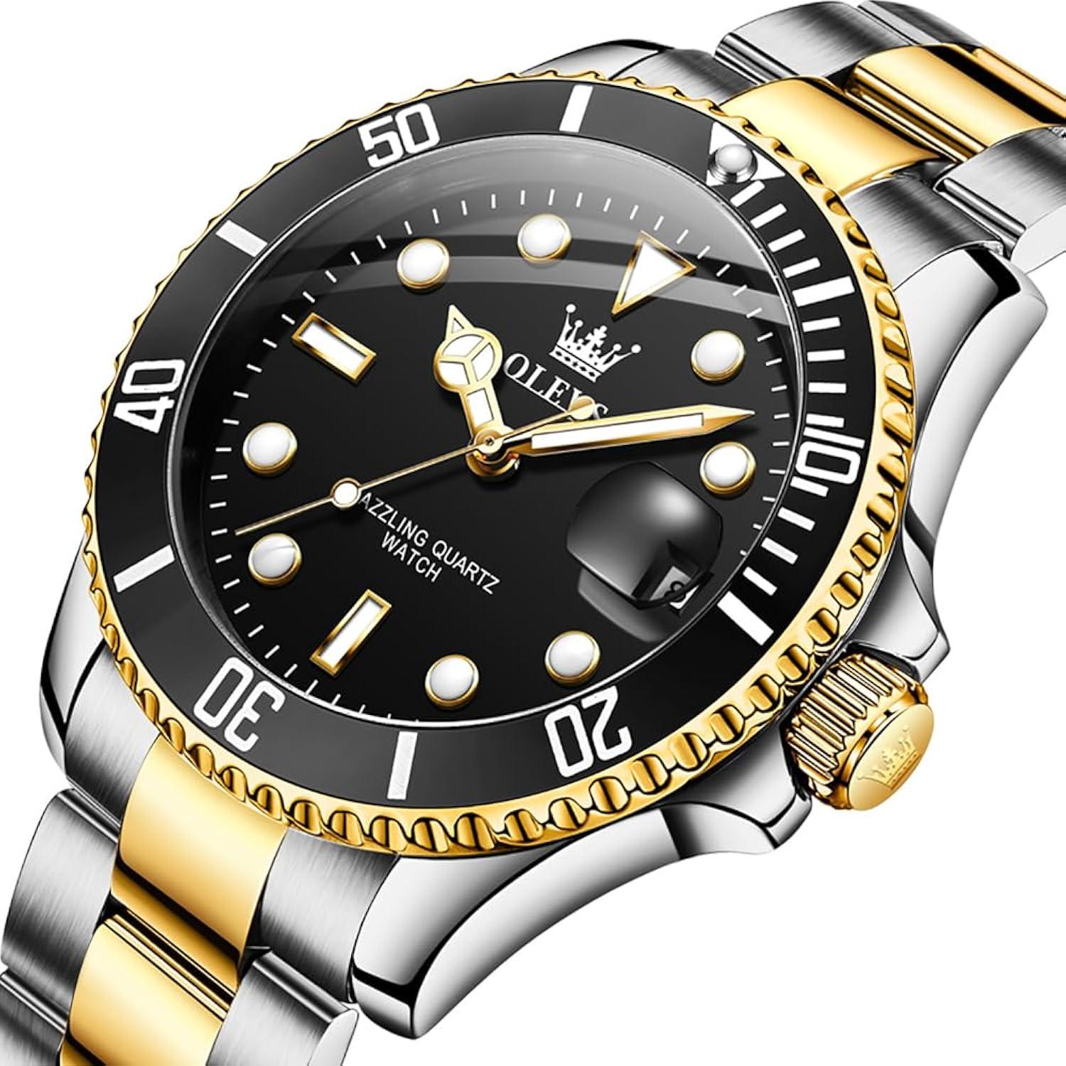 OLEVS Men Watch,Big Dial Watches for Men Stainless Steel Watch with Day Waterproof Analog Quartz Watches for Man Classic Business Wristwatch Luxury Luminous Round for Men Rotatable Bezel Watch