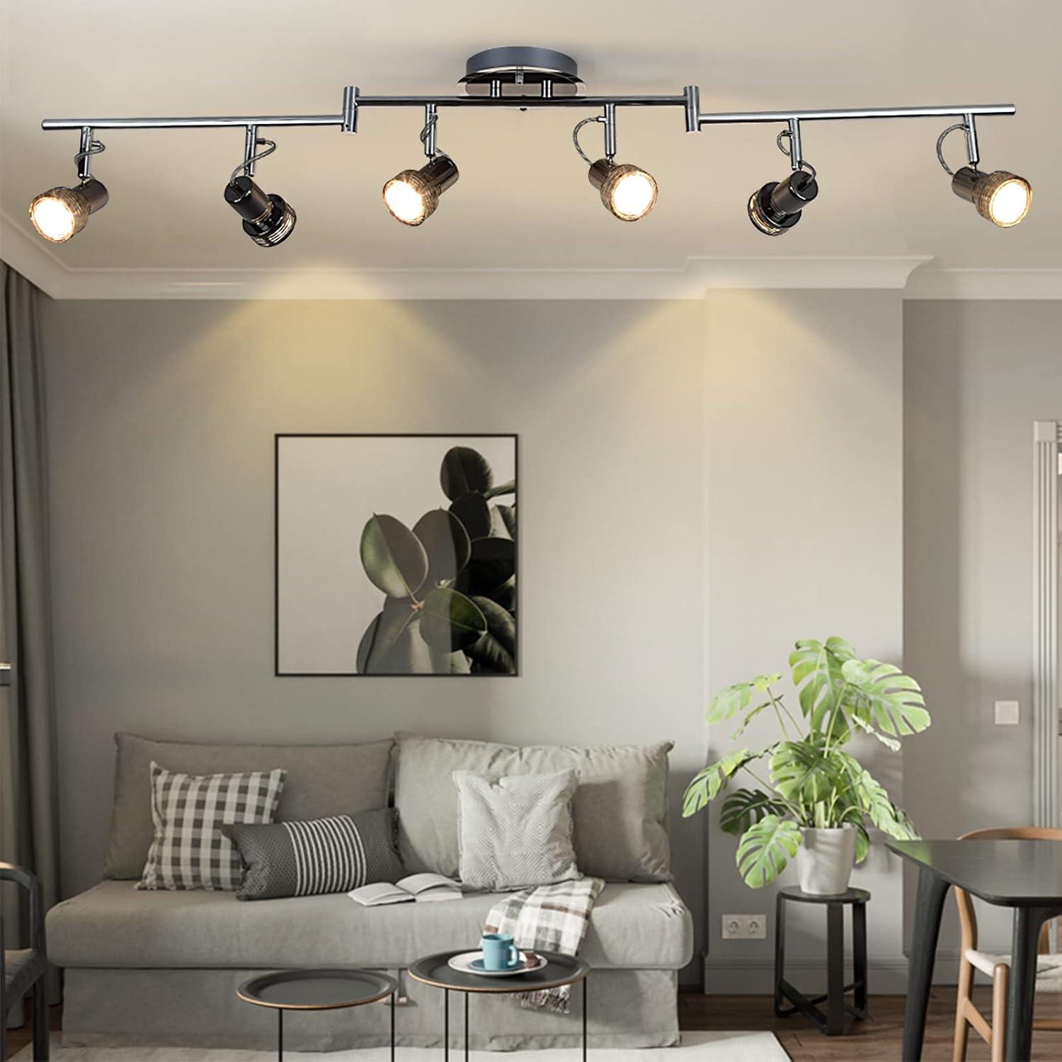 Depuley 6-Light Modern LED Track Ceiling Spotlight, Directional Flush Mount Foldable Ceiling Track Light Kit Rotatable Heads and Swing Arms for Living Room Kitchen Dining, GU10 Bulb Include