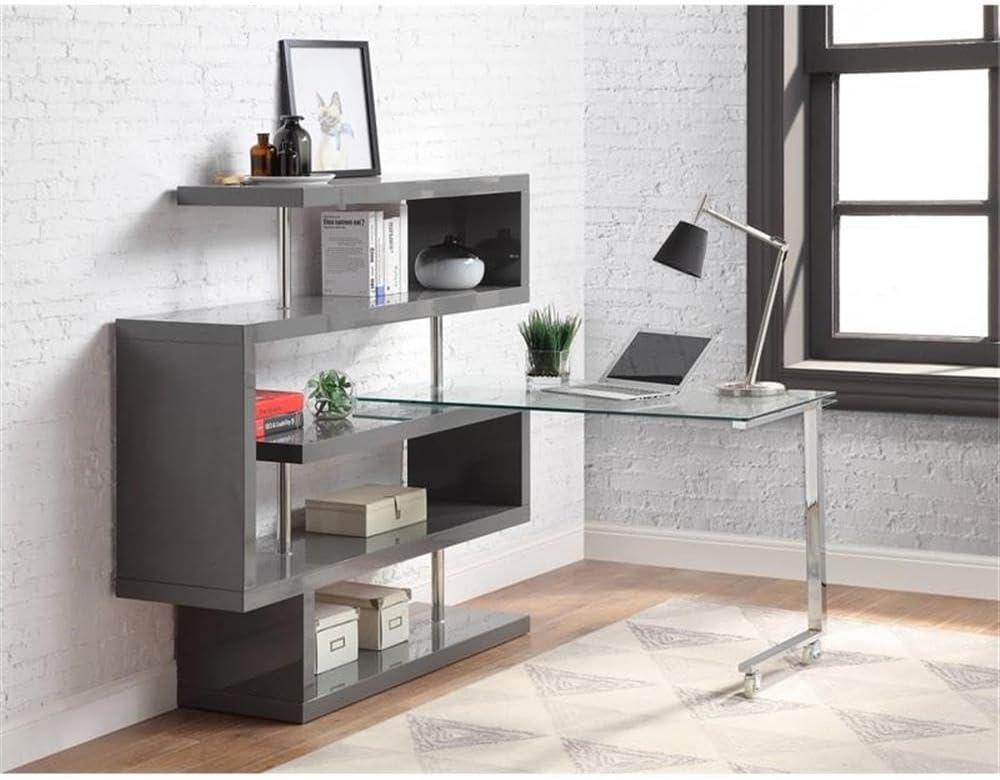 Buck II Writing Desk with Shelf in Clear Glass, Chrome & Gray High Gloss Finish