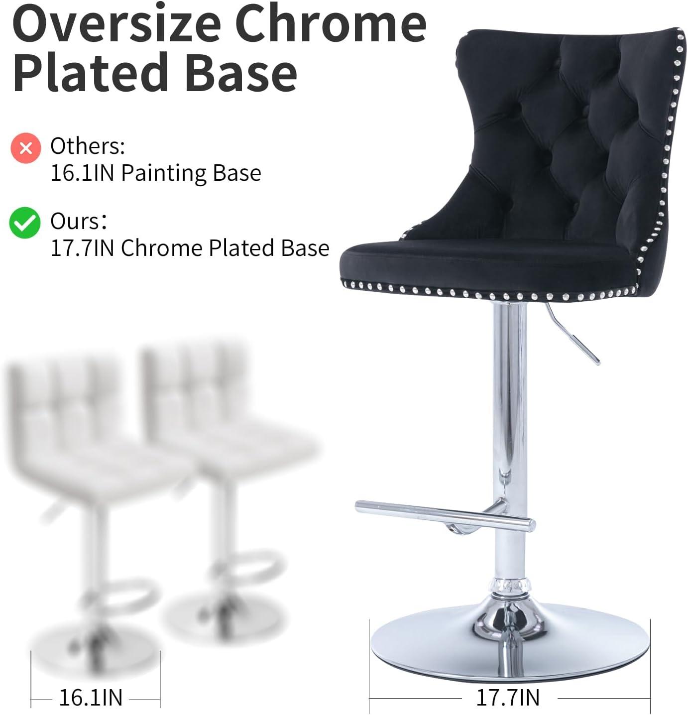 Swivel Barstools with High Back, 2pcs Velvet Bar Chairs with Button Tufted and Nailheads Trim, Counter Height Bar Stools for Home Bar Kitchen Island Cafe,Adjusatble Seat Height, Black+Silver