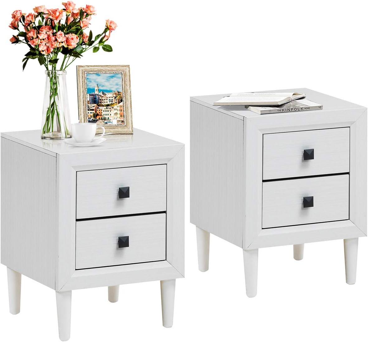 Resenkos Retro Nightstand Set of 2, End Table Side Table with 2 Drawers, Storage Cabinet for Bedroom, Living Room, White