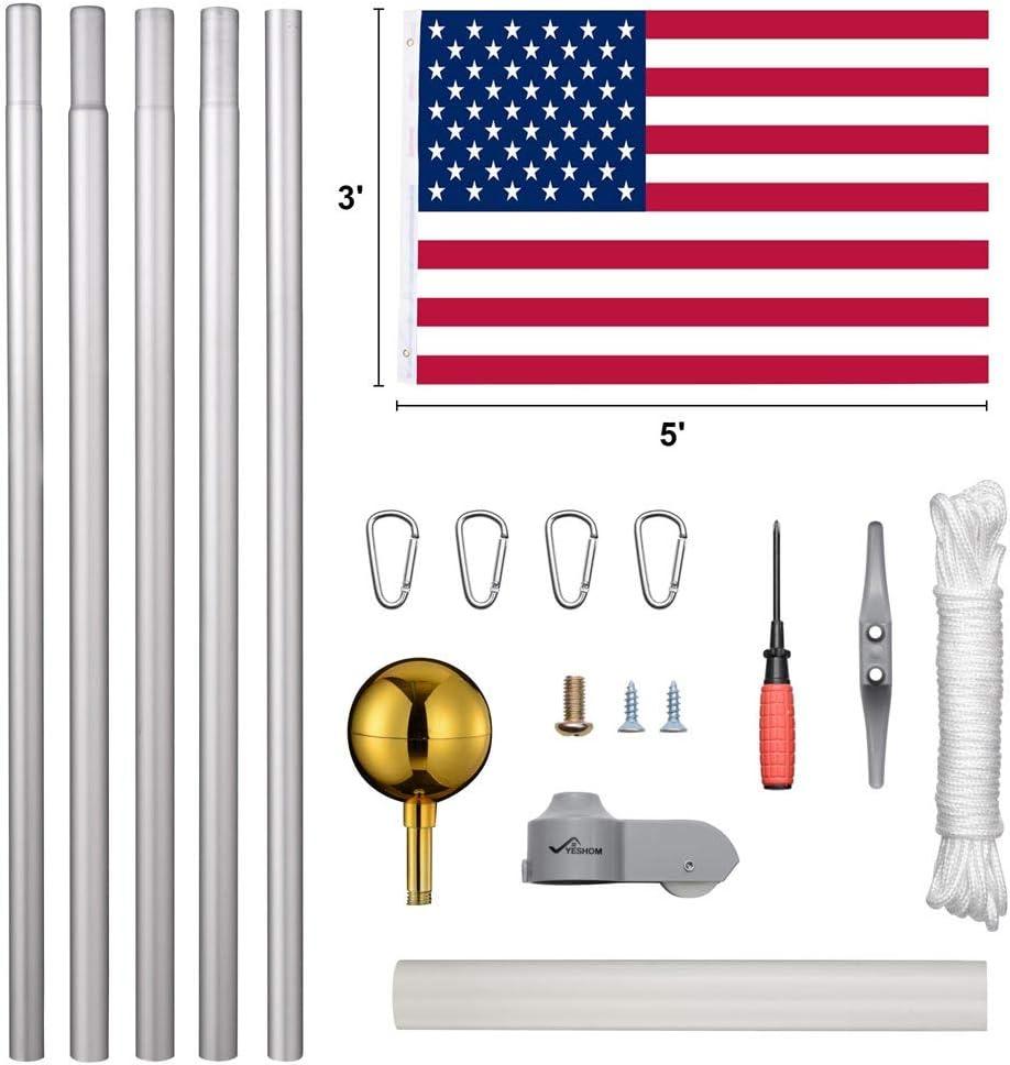 Yescom Bravery 20 Ft Aluminum Sectional Flagpole Kit 3'x5' US Flag Gold Ball Kit Hardware Outdoor Garden Halyard Pole