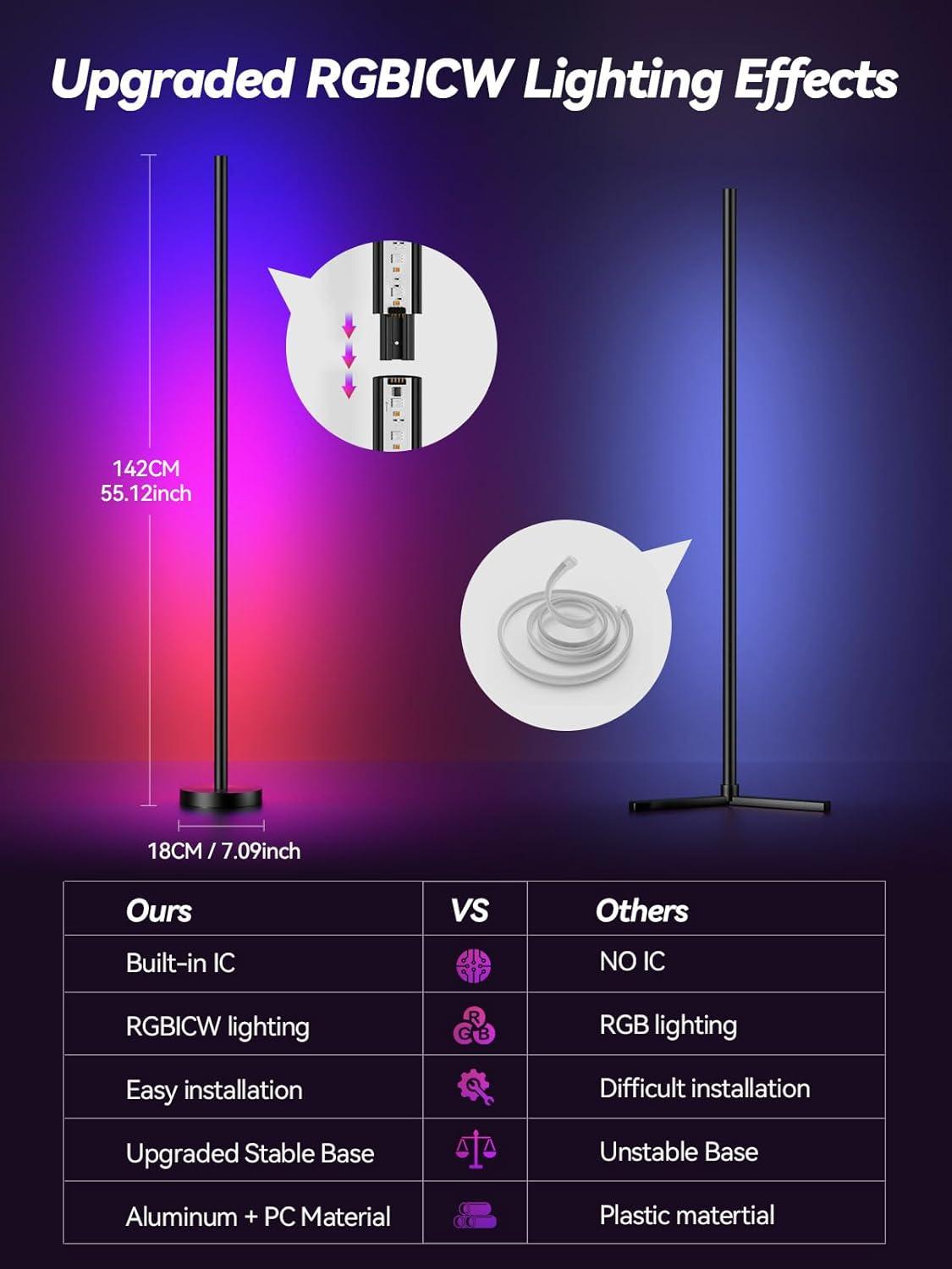 Corner Floor Lamp - Smart RGB LED Corner Lamp with App and Remote Control, 16 Million Colors & 68+ Scene, Music Sync, Timer Setting - Ideal for Living Rooms, Bedrooms, and Gaming Rooms