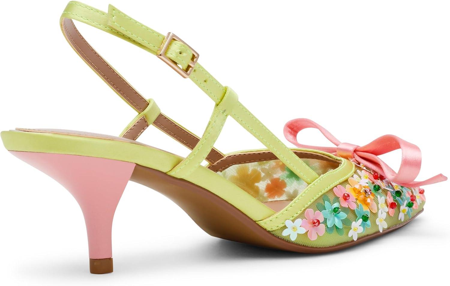 Lime Floral Sequin Mesh Slingback High Heel Pumps
