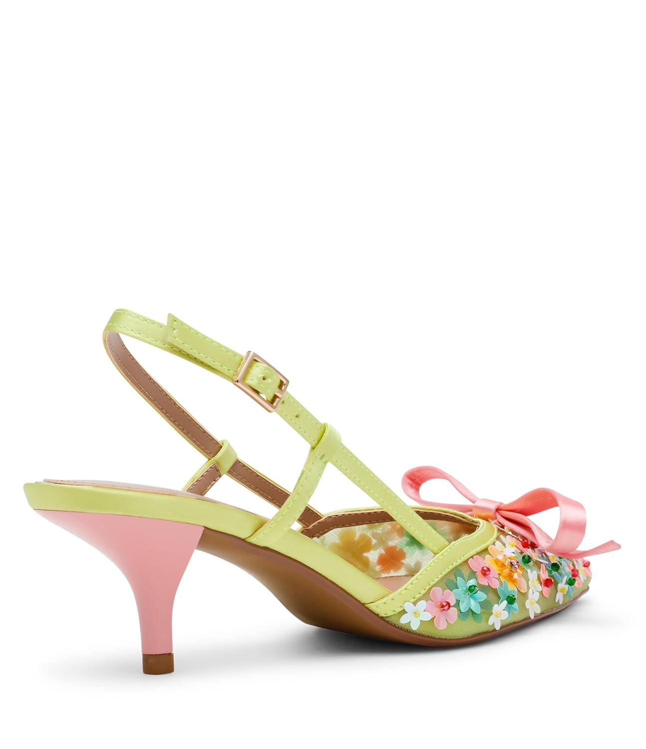 Lime Floral Sequin Mesh Slingback High Heel Pumps