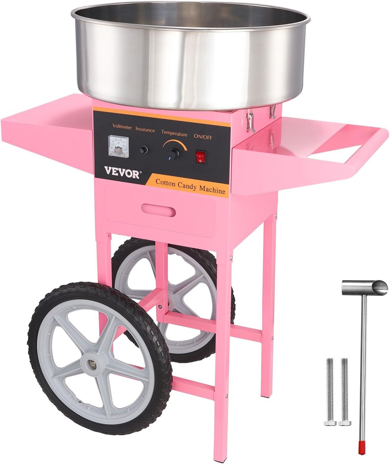 VEVOR Electric Cotton Candy Machine Cart, 1000W Commercial Floss Maker w/Stainless Steel Bowl, Sugar Scoop and Drawer, Perfect for Home, Carnival, Kids Birthday, Family Party, Pink
