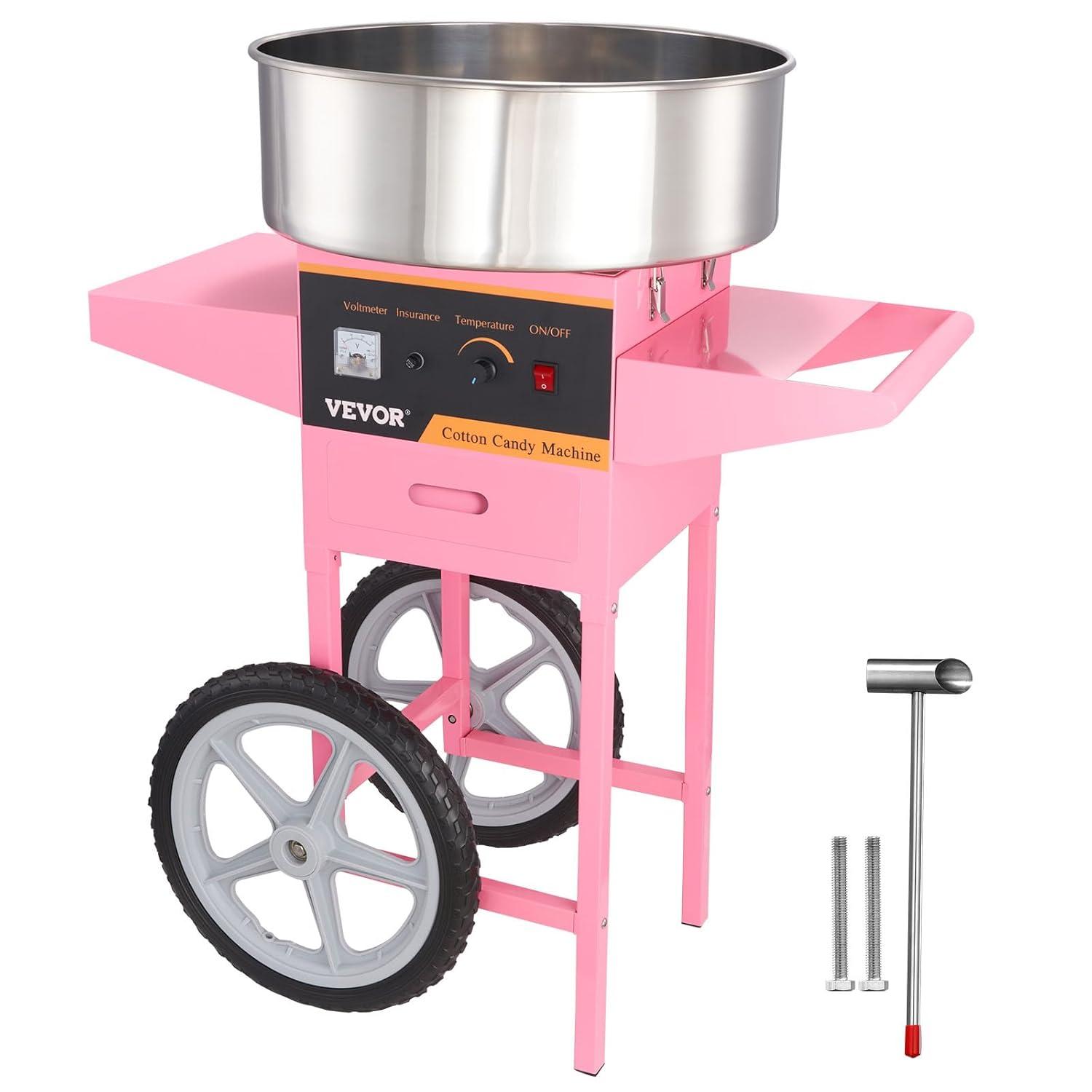 VEVOR Electric Cotton Candy Machine with Cart, 1000W Commercial Floss Maker with Stainless Steel Bowl, Sugar Scoop and Drawer, Pink