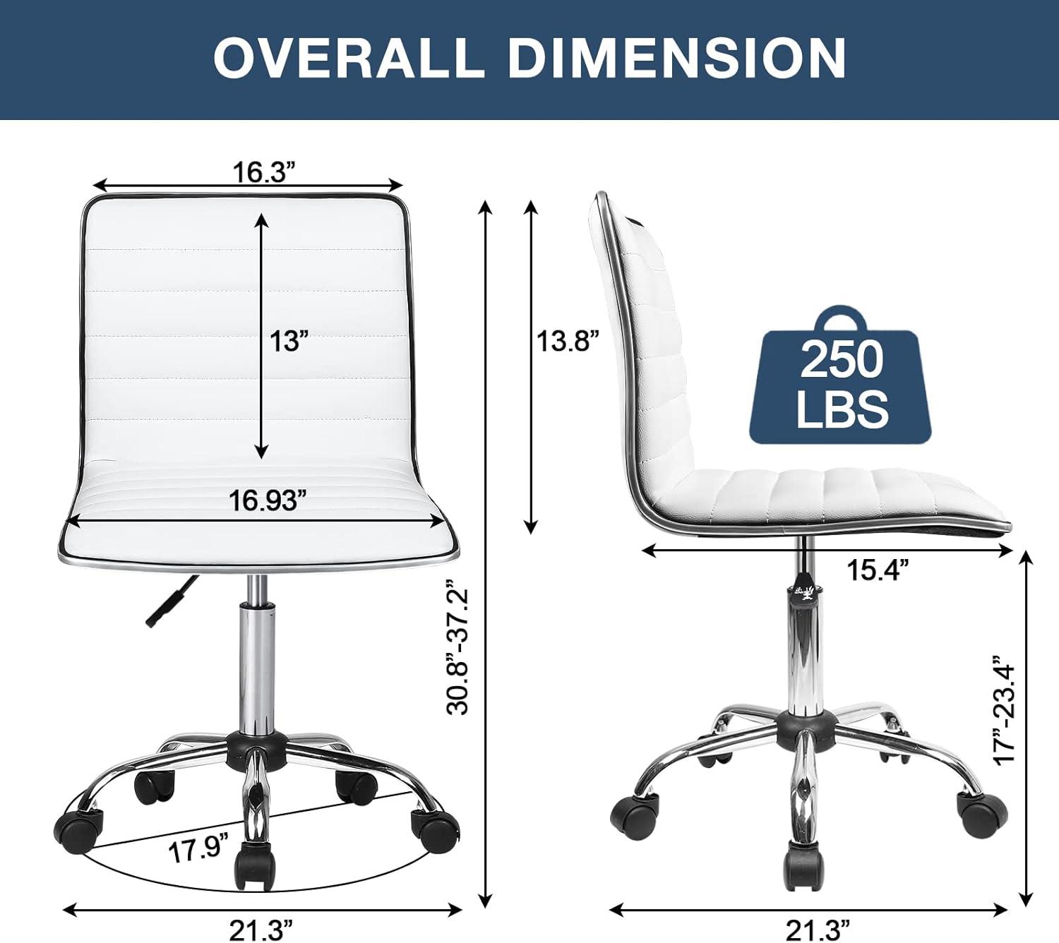 BOSSIN Adjustable Home Office Chair, Mid-Back Armless Ribbed Swivel Task Chair,Vanity Chair for Small Space, Living Room, Make-up, Studying (White)