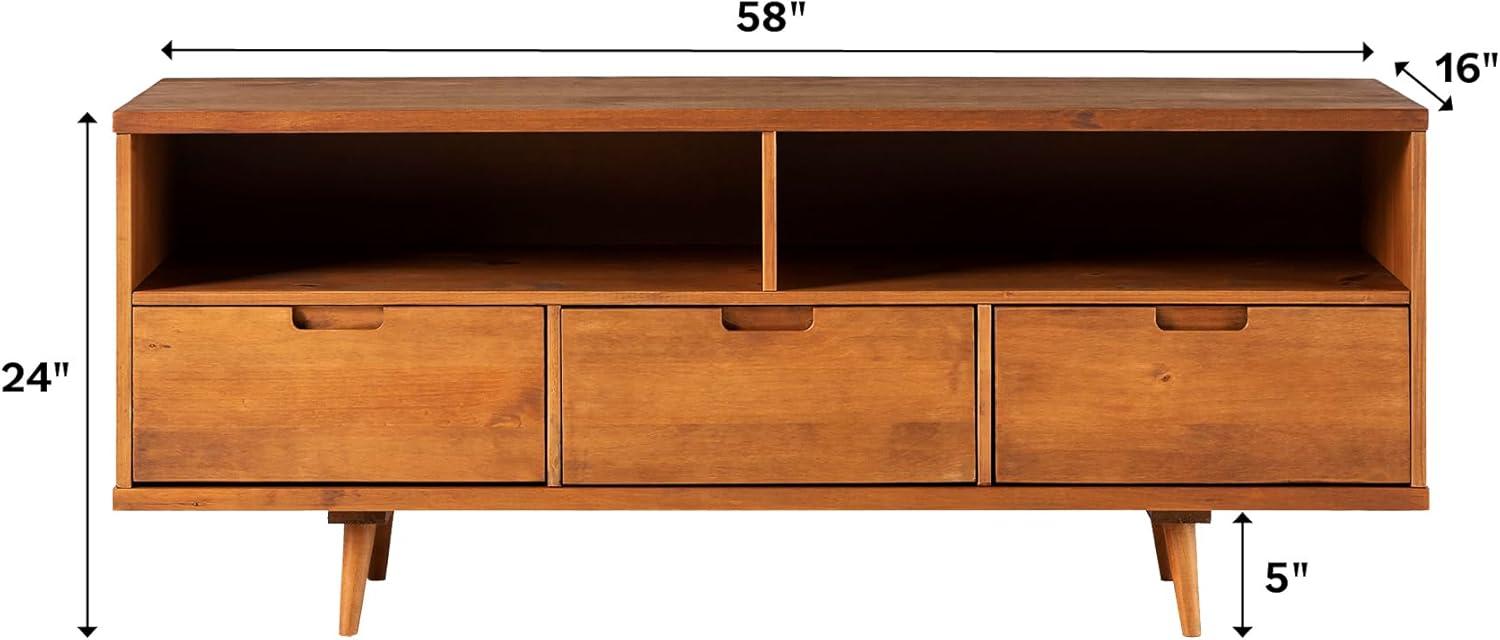 Mid-Century Modern 58" Walnut TV Stand with 3 Drawers and Open Shelves