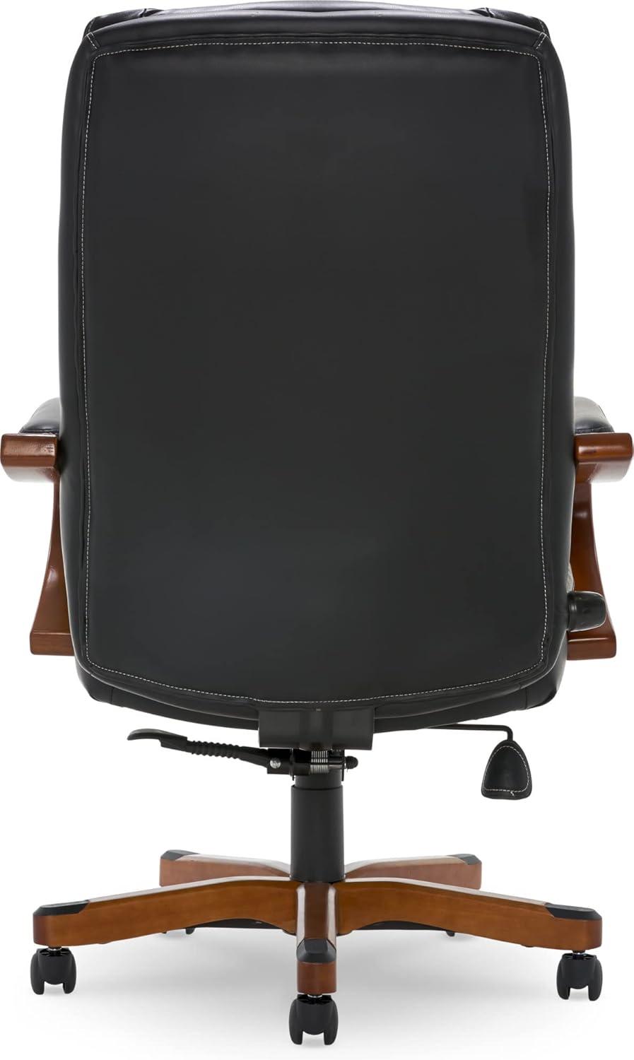 Ergonomic High-Back Swivel Executive Chair with Wood Accents, Black Leather