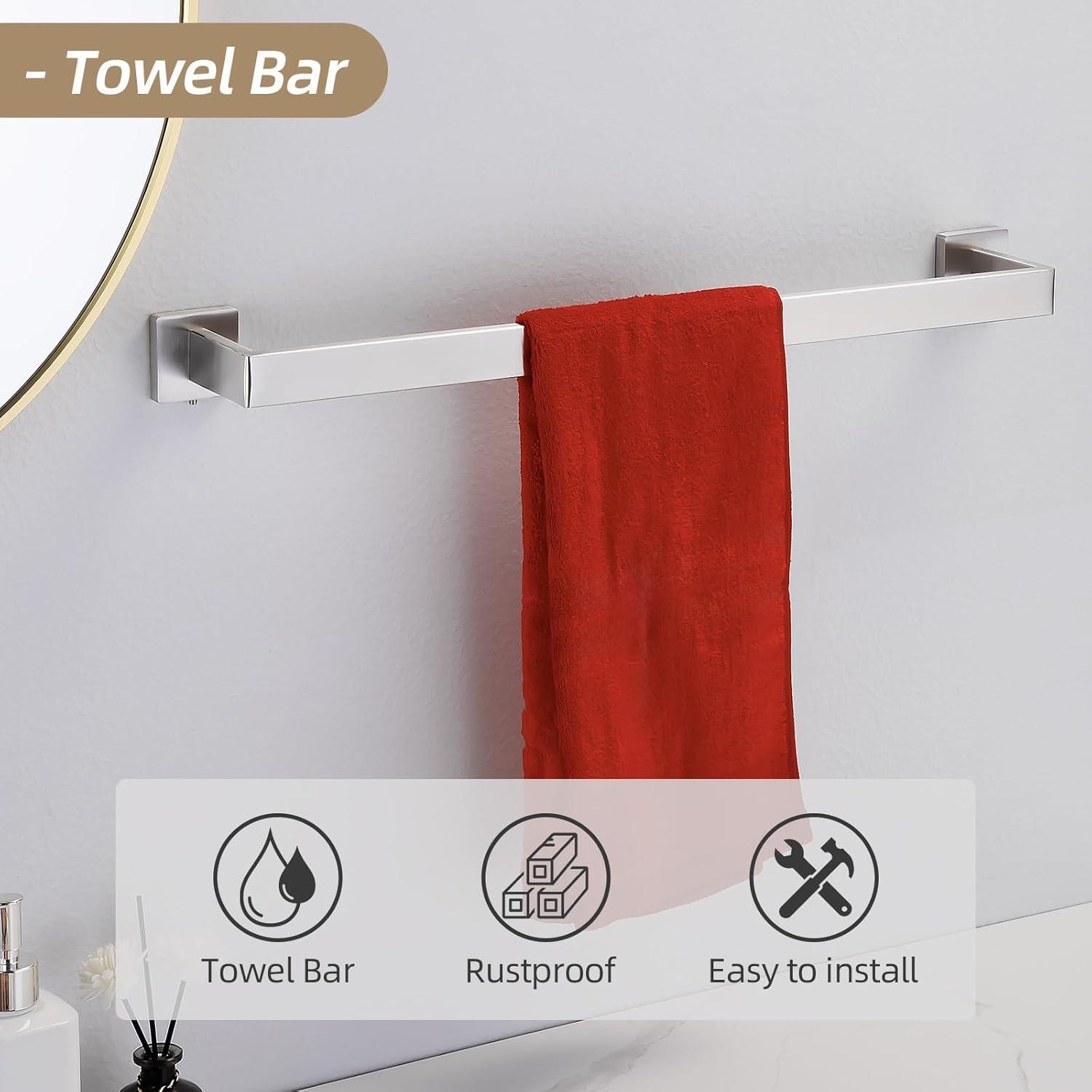 Brushed Nickel Towel Bar Rack Sets, 23.6 inch Bathroom Hardware Set 5-Piece Towel Bar Wall Mount Modern Bathroom Accessories Include Towel Rack,Toilet Paper Holder,2*Robe Hook