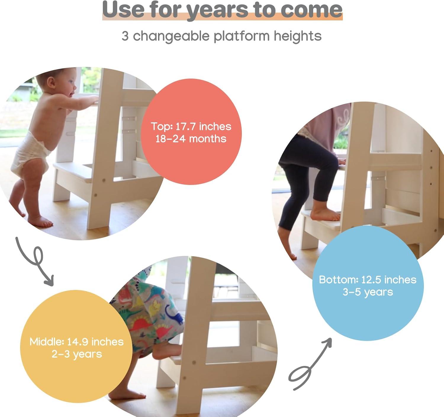 Stepup Baby Montessori Toddler Tower Wooden Step Stool, with Safety Rail, Adjustable for 18 Month - 5 Years - Varnished