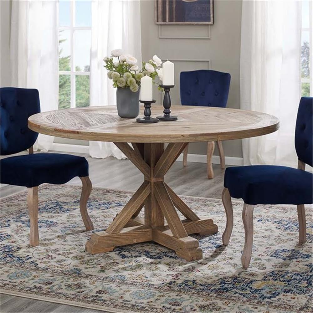 Modway Stitch 59" Round Pine Wood Dining Table in Brown